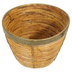 Large Brass and Rattan Bamboo Planter or Basket