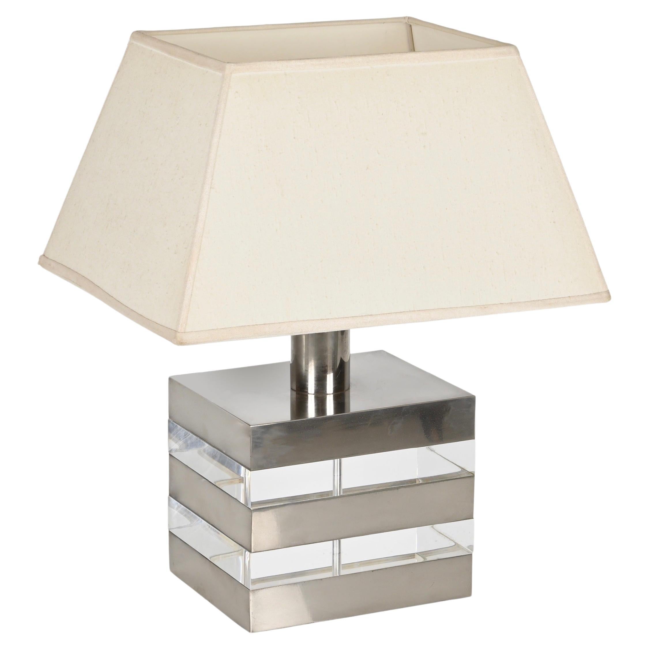 Crespi Style Mid-Century Large Table Lamp in Lucite and Steel, Italy 1970s