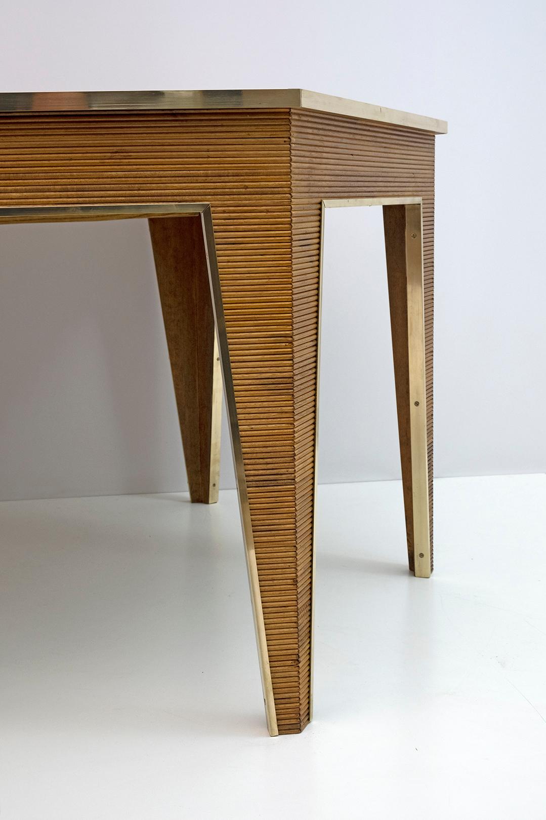 Mid-Century Wood and Brass Extendable Dining Table, 1970s 4