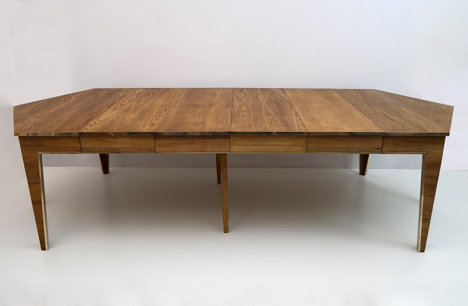 Mid-Century Wood and Brass Extendable Dining Table, 1970s 5