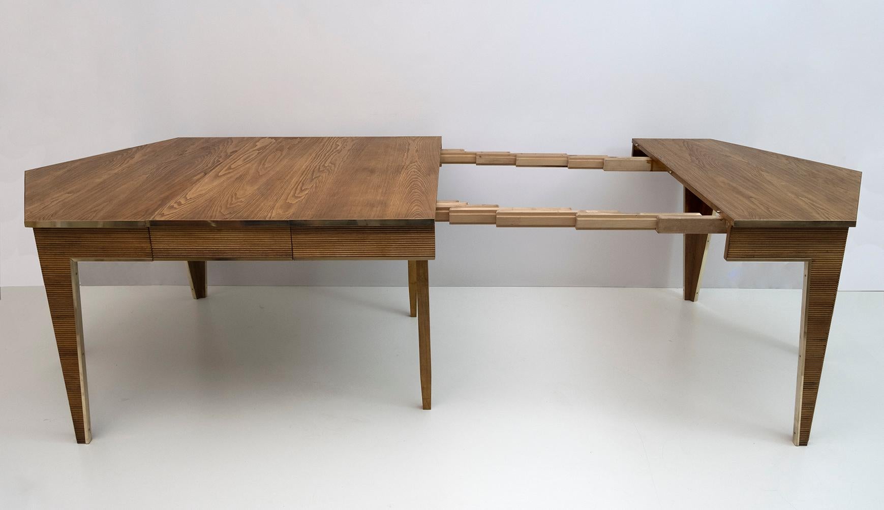 Mid-Century Wood and Brass Extendable Dining Table, 1970s 7