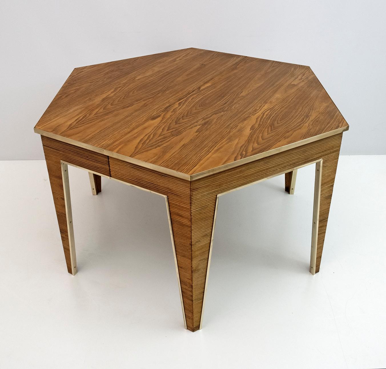 Late 20th Century Mid-Century Wood and Brass Extendable Dining Table, 1970s
