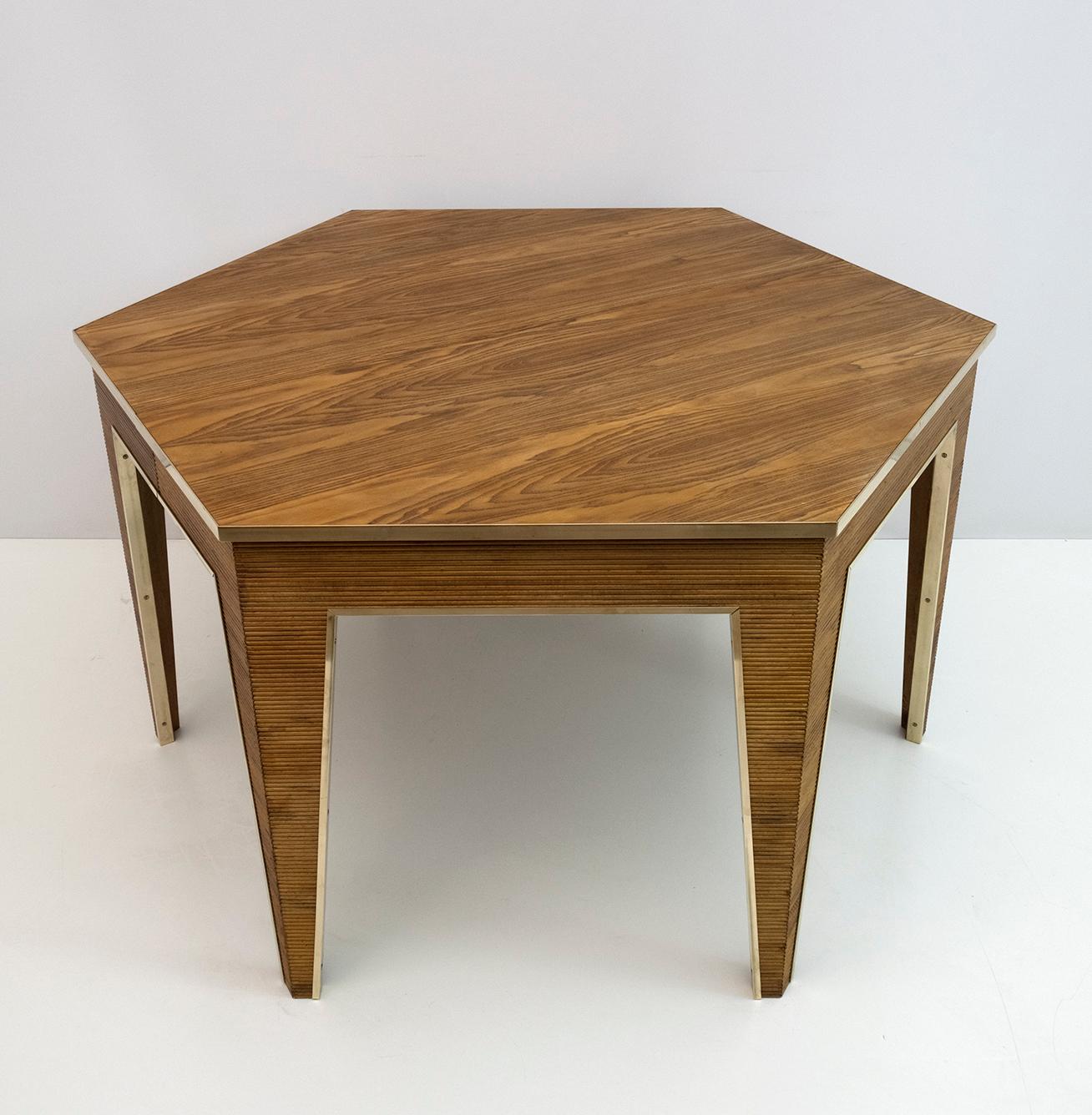 Mid-Century Wood and Brass Extendable Dining Table, 1970s 1