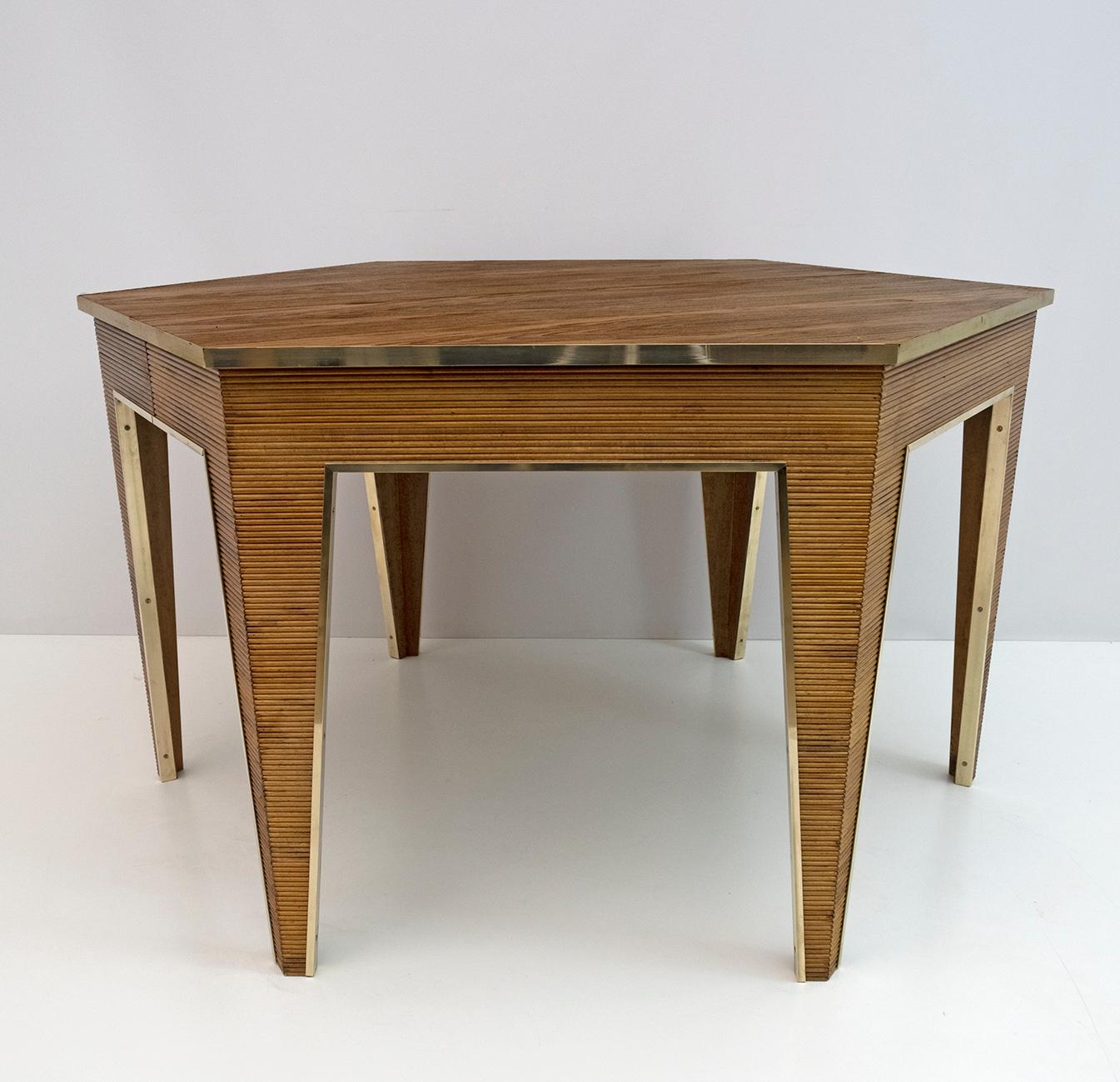 Mid-Century Wood and Brass Extendable Dining Table, 1970s 2