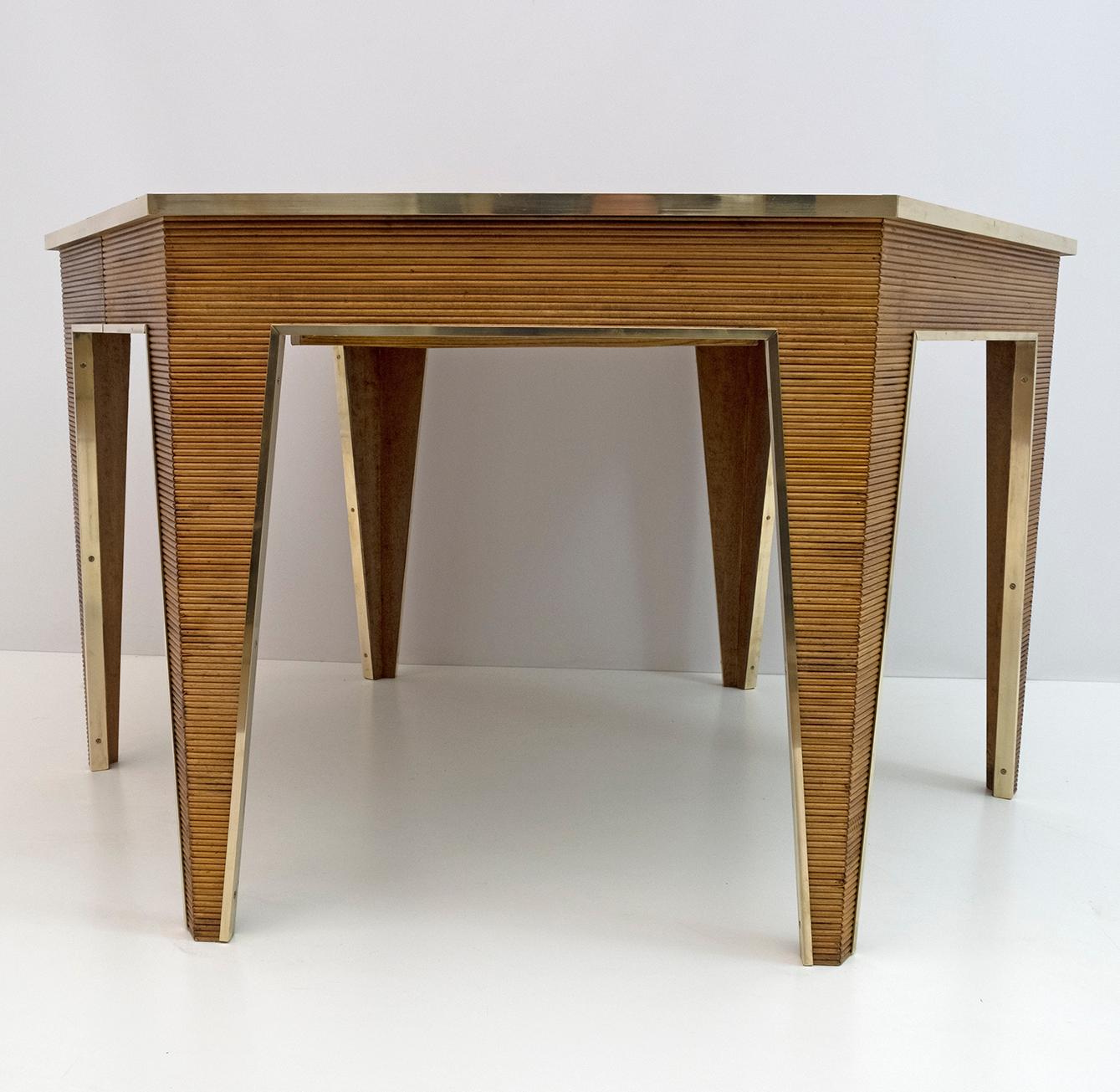 Mid-Century Wood and Brass Extendable Dining Table, 1970s 3