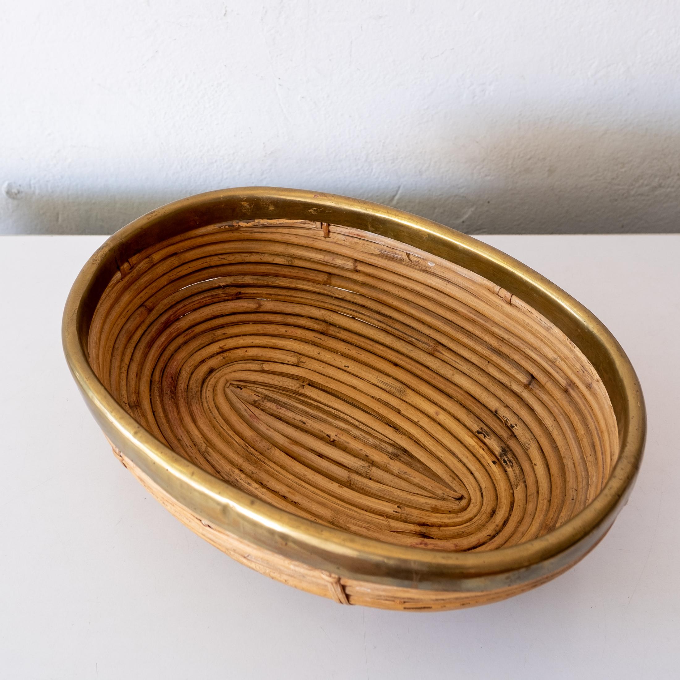 Mid-Century Modern Gabriella Crespi Style Pencil Reed and Brass Catch All Basket Fruit Bowl