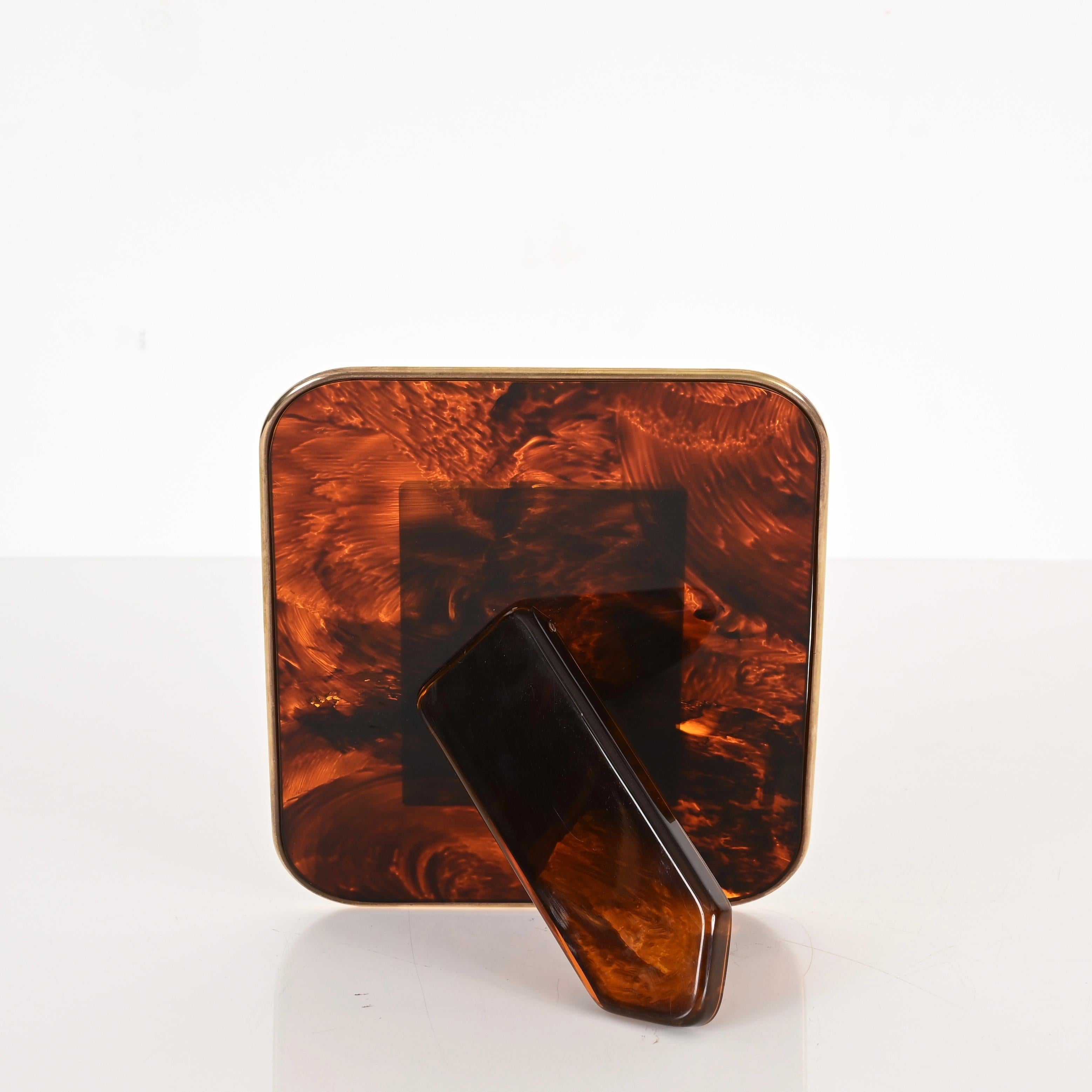 Gabriella Crespi Style Photo Frame in Lucite Tortoiseshell Brass, Italy, 1970s For Sale 5