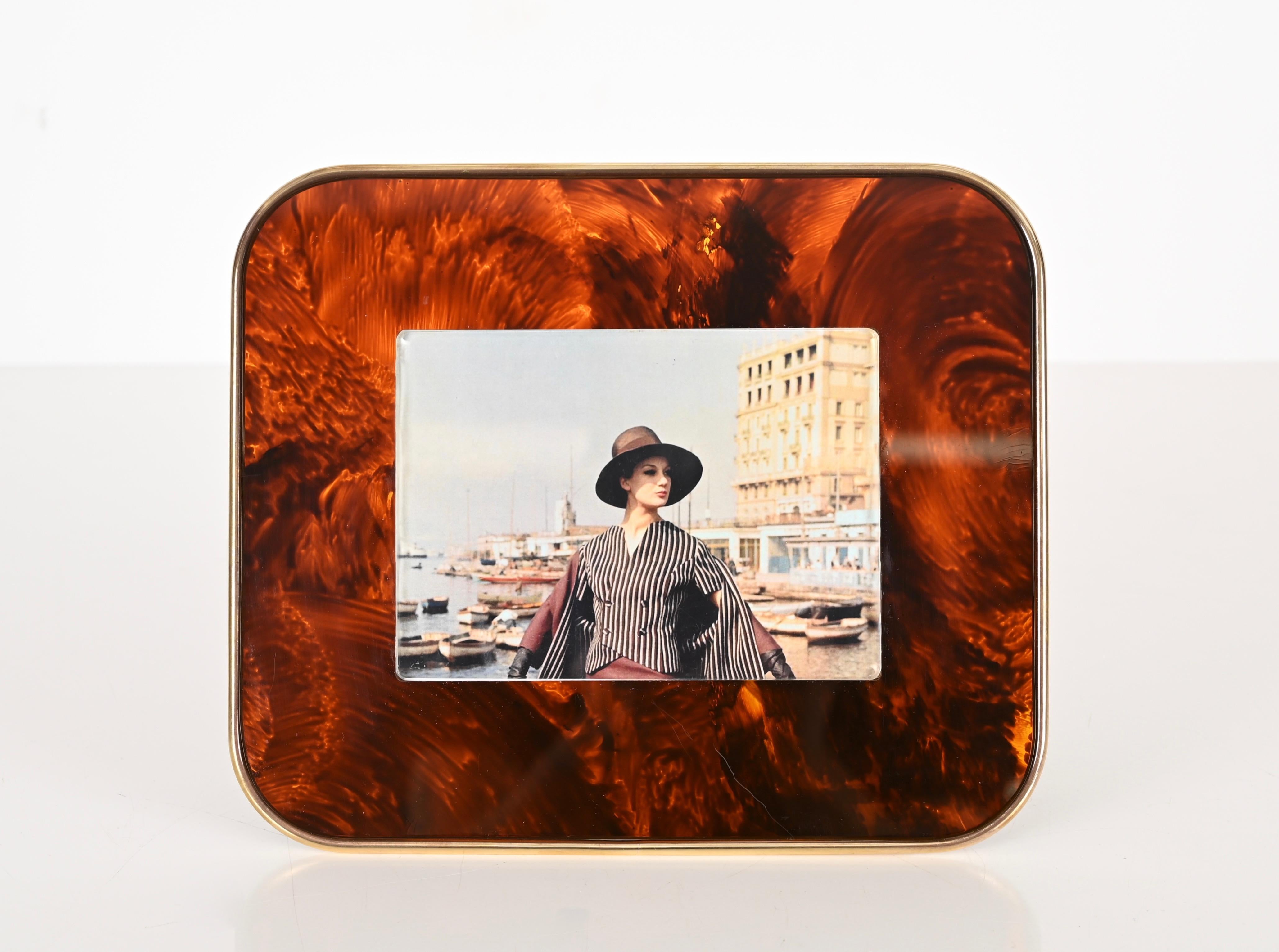 Gabriella Crespi Style Photo Frame in Lucite Tortoiseshell Brass, Italy, 1970s For Sale 6