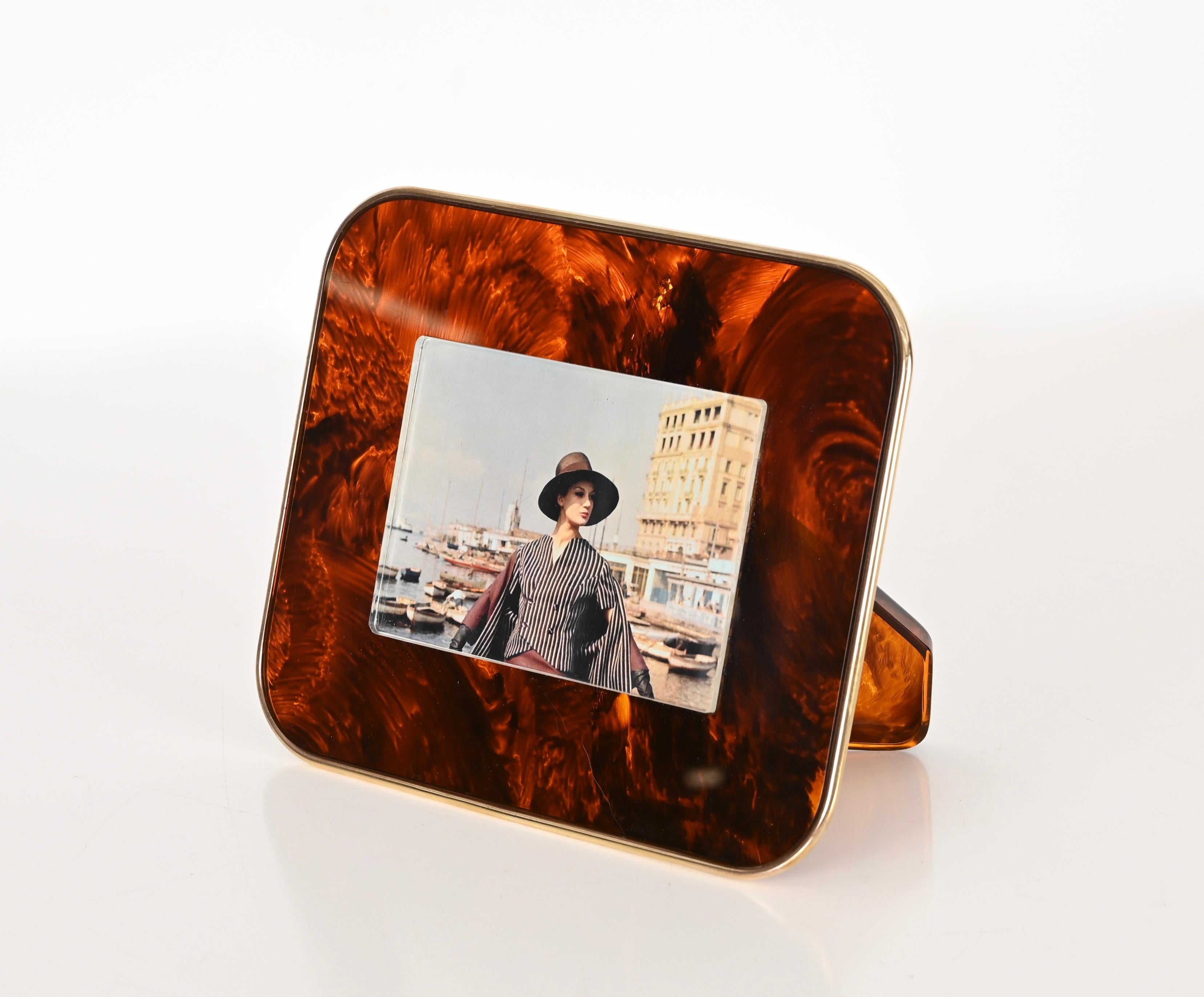 Gabriella Crespi Style Photo Frame in Lucite Tortoiseshell Brass, Italy, 1970s For Sale 7