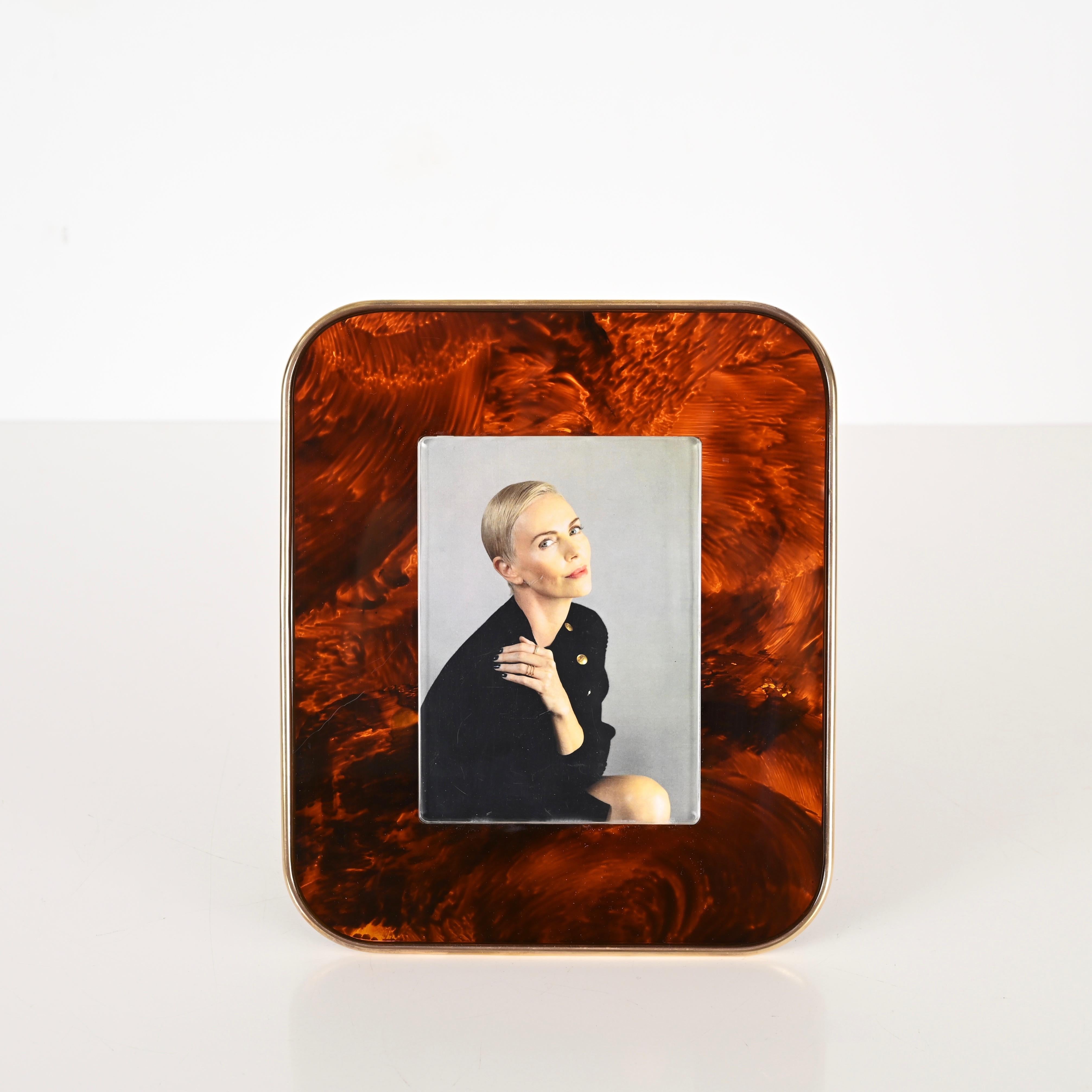 Gabriella Crespi Style Photo Frame in Lucite Tortoiseshell Brass, Italy, 1970s For Sale 9