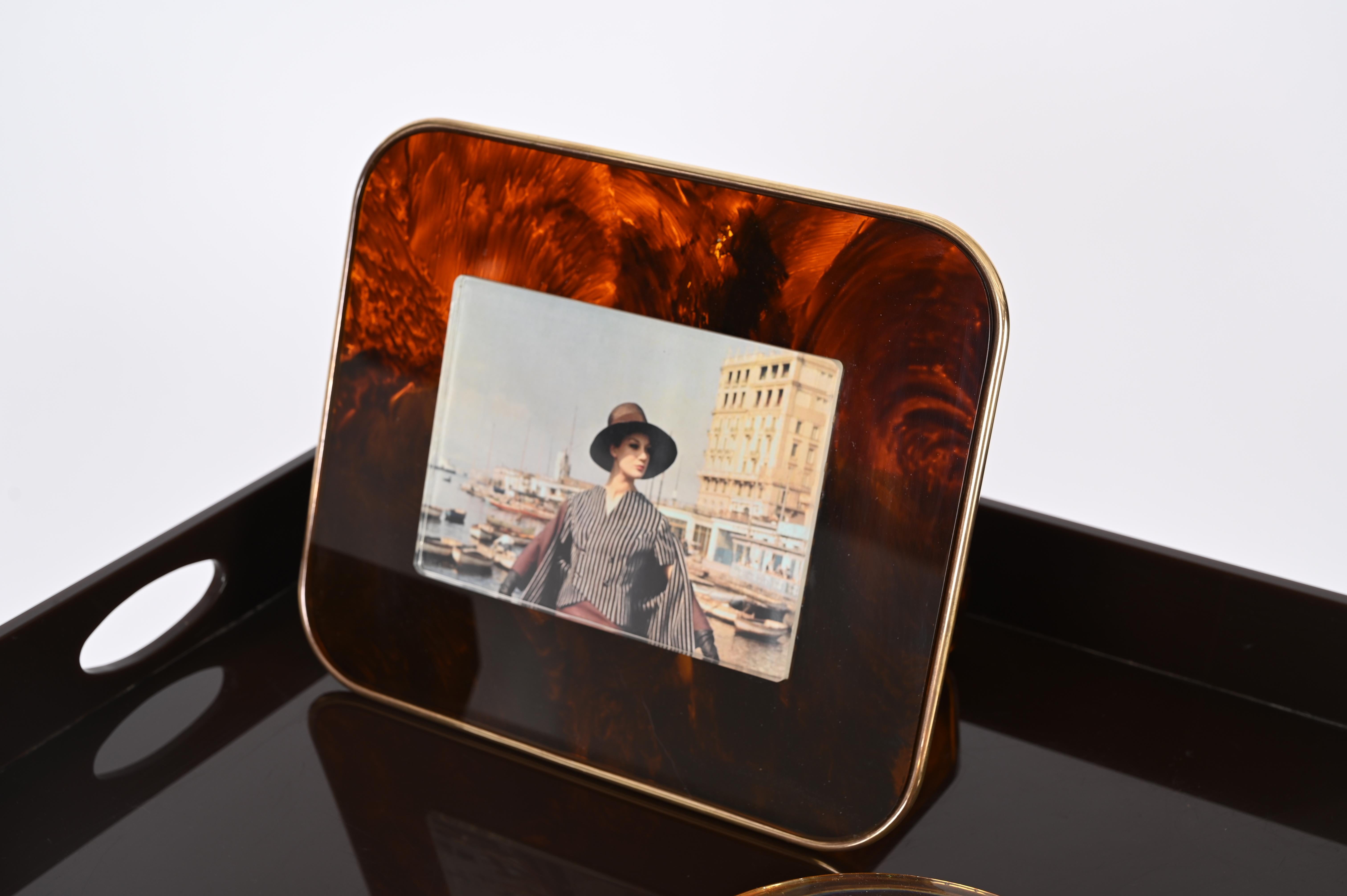 Gabriella Crespi Style Photo Frame in Lucite Tortoiseshell Brass, Italy, 1970s For Sale 10