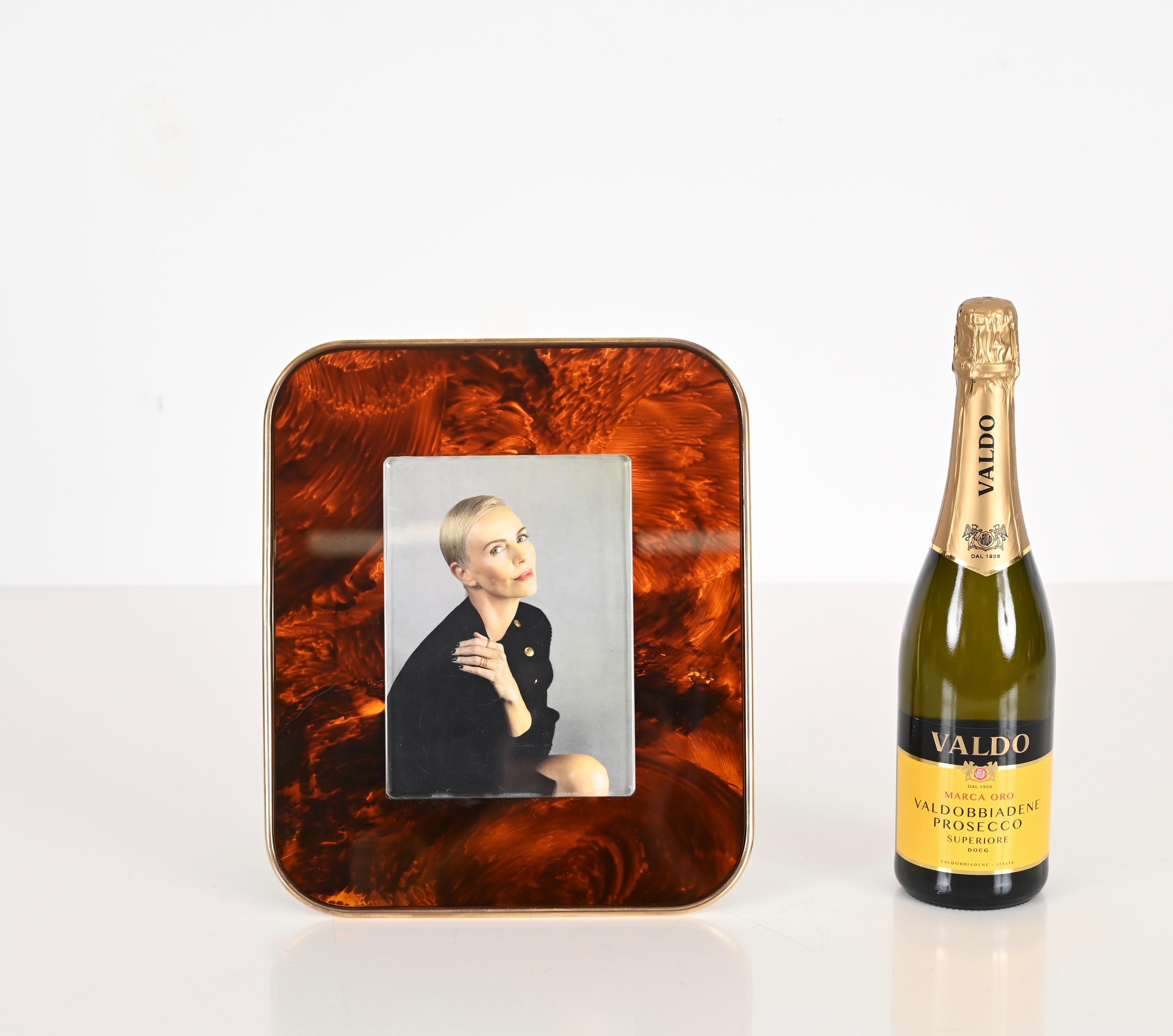 Italian Gabriella Crespi Style Photo Frame in Lucite Tortoiseshell Brass, Italy, 1970s For Sale