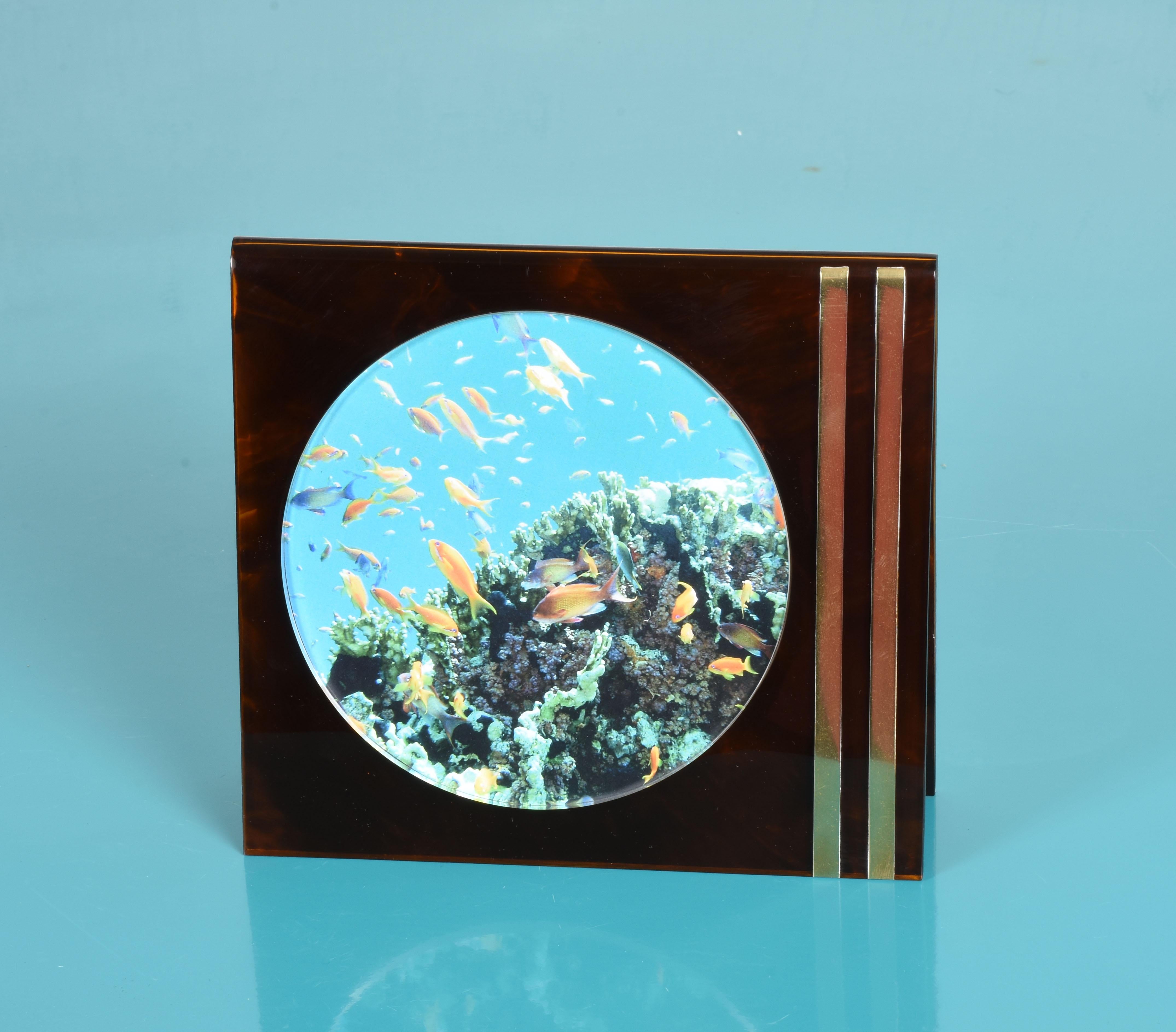 20th Century Gabriella Crespi Style Photo Frame in Lucite Tortoiseshell Brass, Italy, 1970s