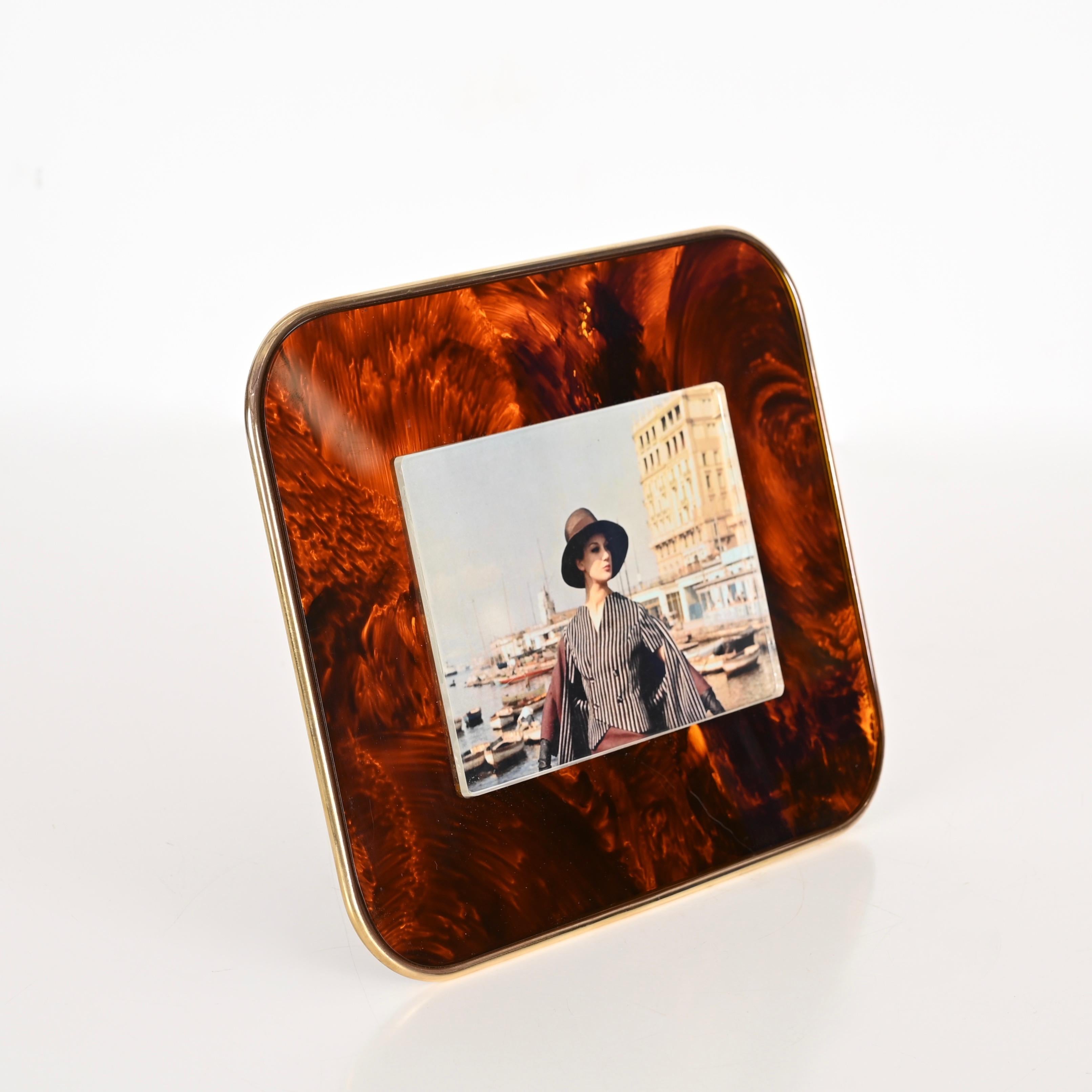 20th Century Gabriella Crespi Style Photo Frame in Lucite Tortoiseshell Brass, Italy, 1970s For Sale