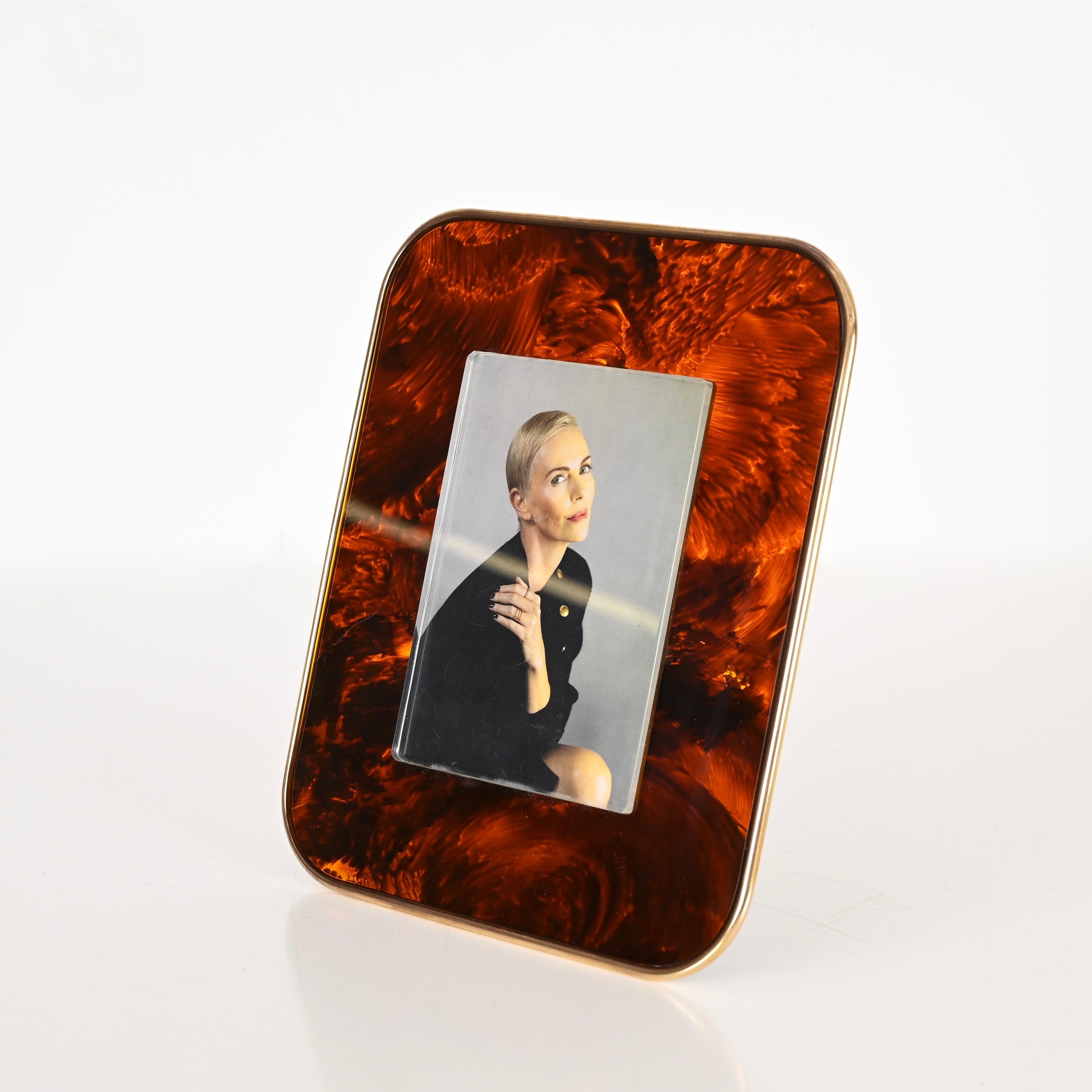 Gabriella Crespi Style Photo Frame in Lucite Tortoiseshell Brass, Italy, 1970s For Sale 2