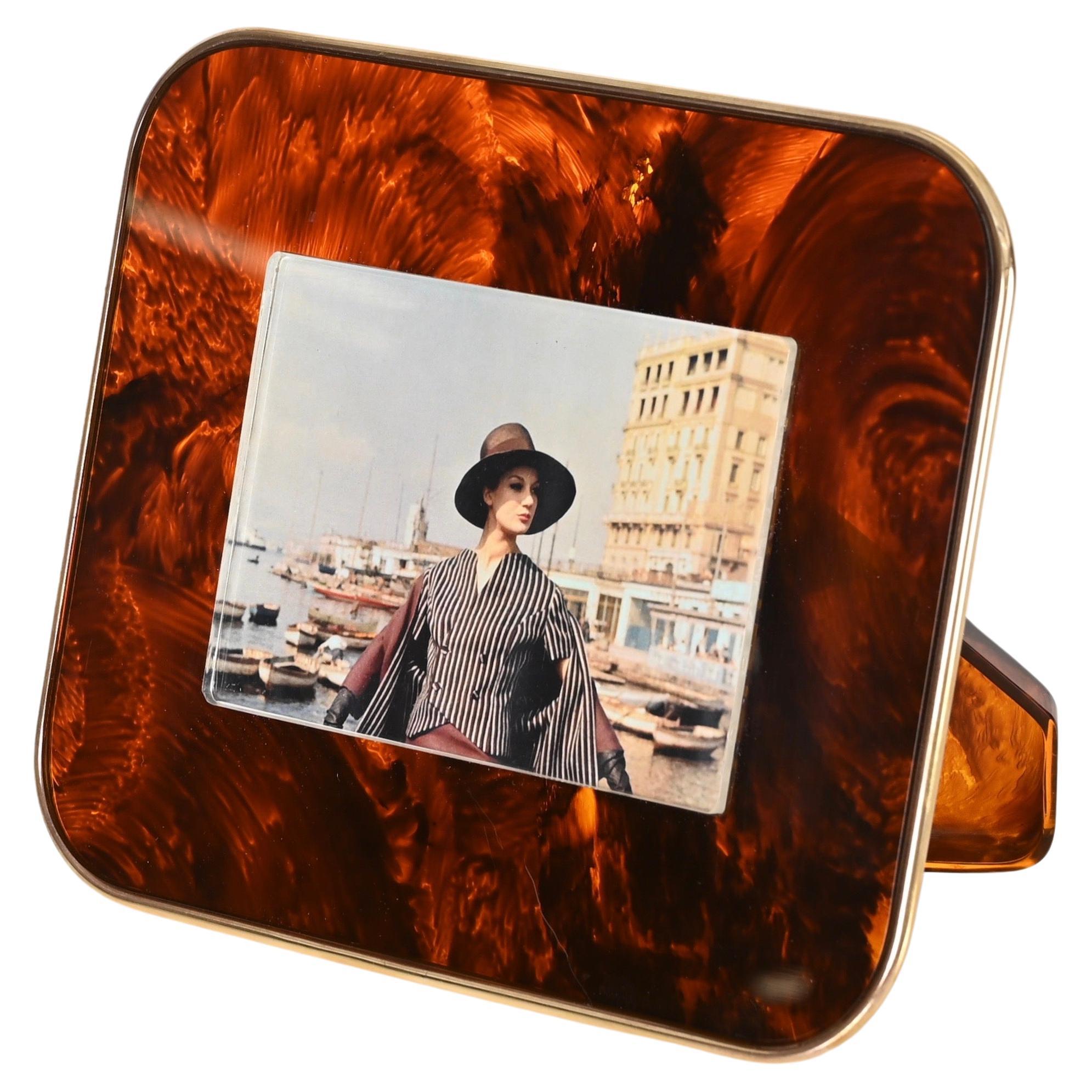 Gabriella Crespi Style Photo Frame in Lucite Tortoiseshell Brass, Italy, 1970s For Sale