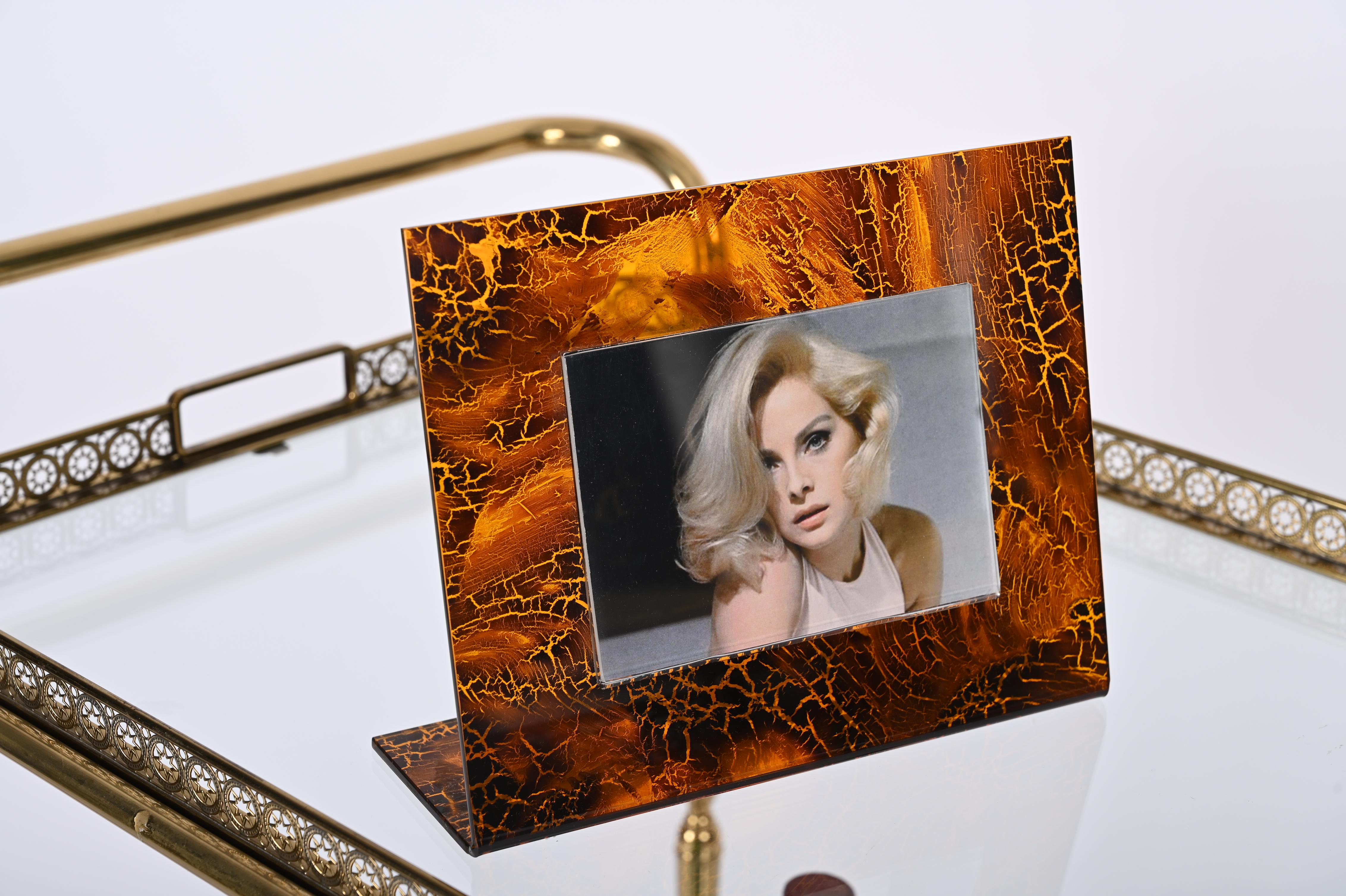 20th Century Gabriella Crespi Style Photo Frame in Lucite Tortoiseshell, Italy, 1970s For Sale