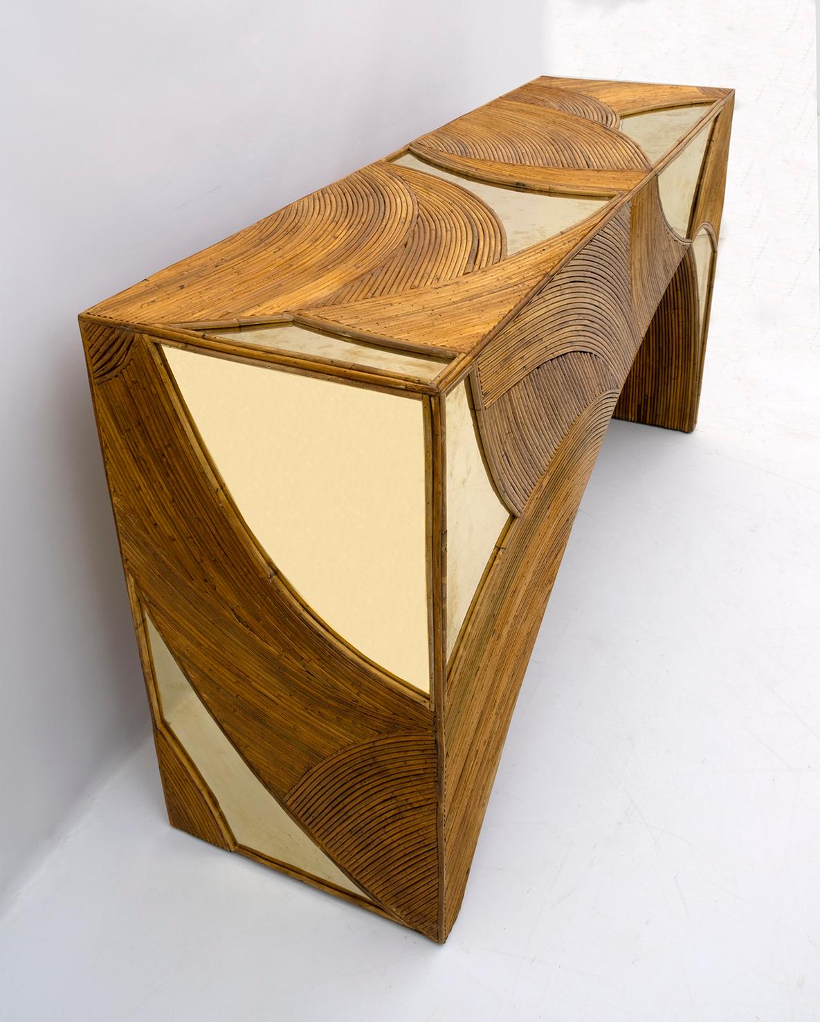 Late 20th Century Mid-Century Modern Italian Rattan and Brass Center Console by Vivai del Sud, 70s