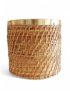 French Riviera Midcentury Rattan and Brass Basket Planter, Italy, 1960s