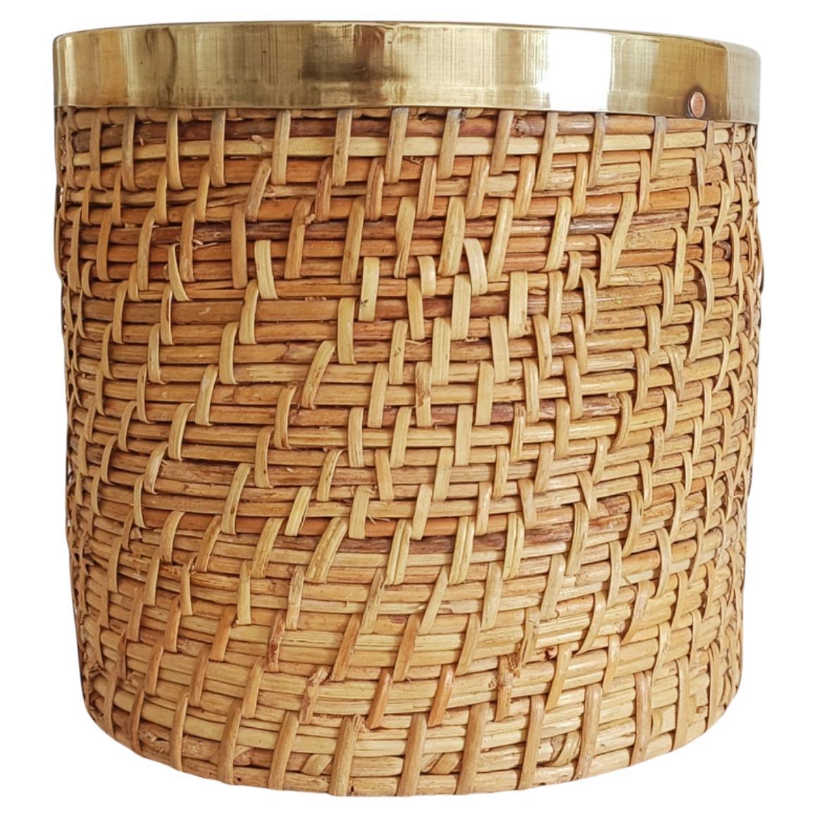 French Riviera Midcentury Rattan and Brass Basket Planter, Italy, 1960s For Sale