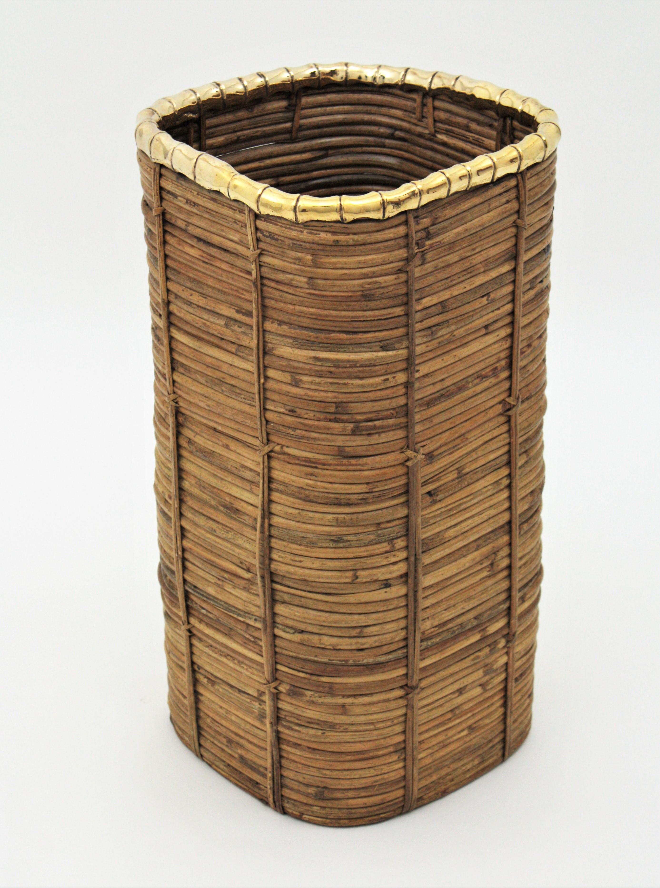 Rattan and Bamboo Umbrella Stand with Faux Bamboo Brass Rim, Italy, 1970s 5