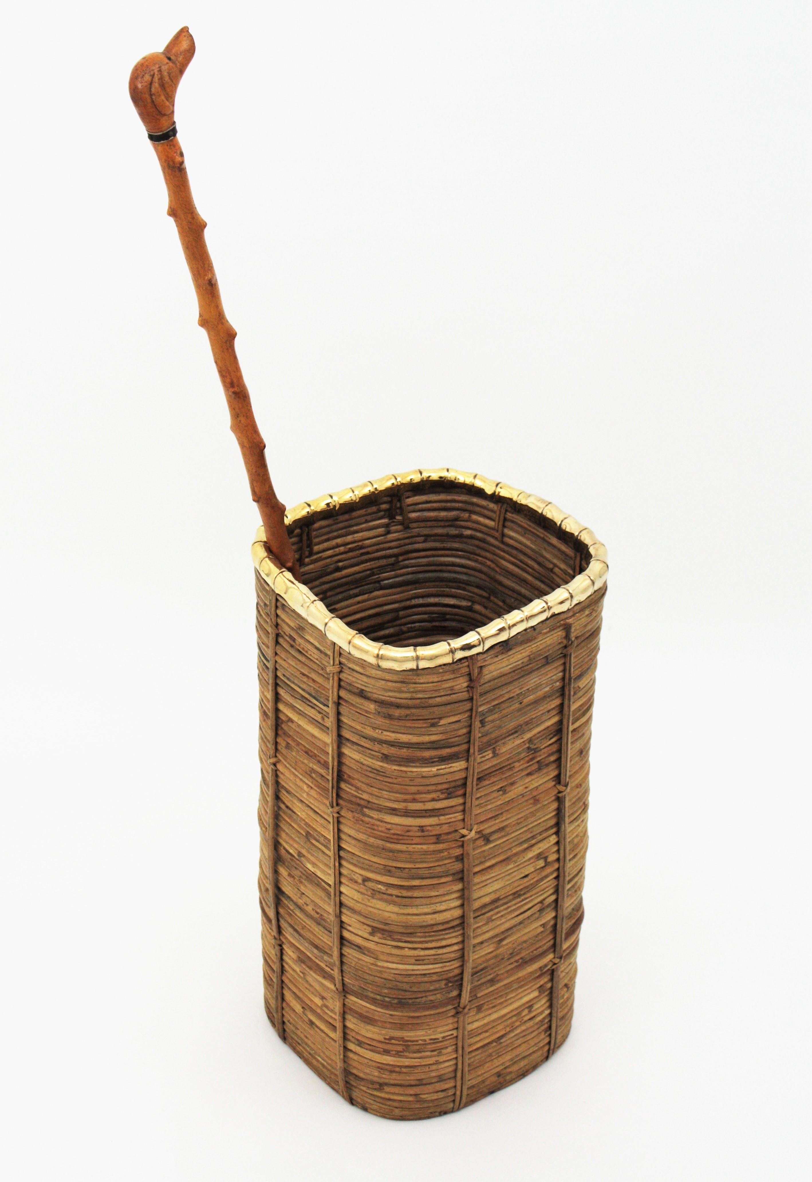 Mid-Century Modern Rattan and Bamboo Umbrella Stand with Faux Bamboo Brass Rim, Italy, 1970s