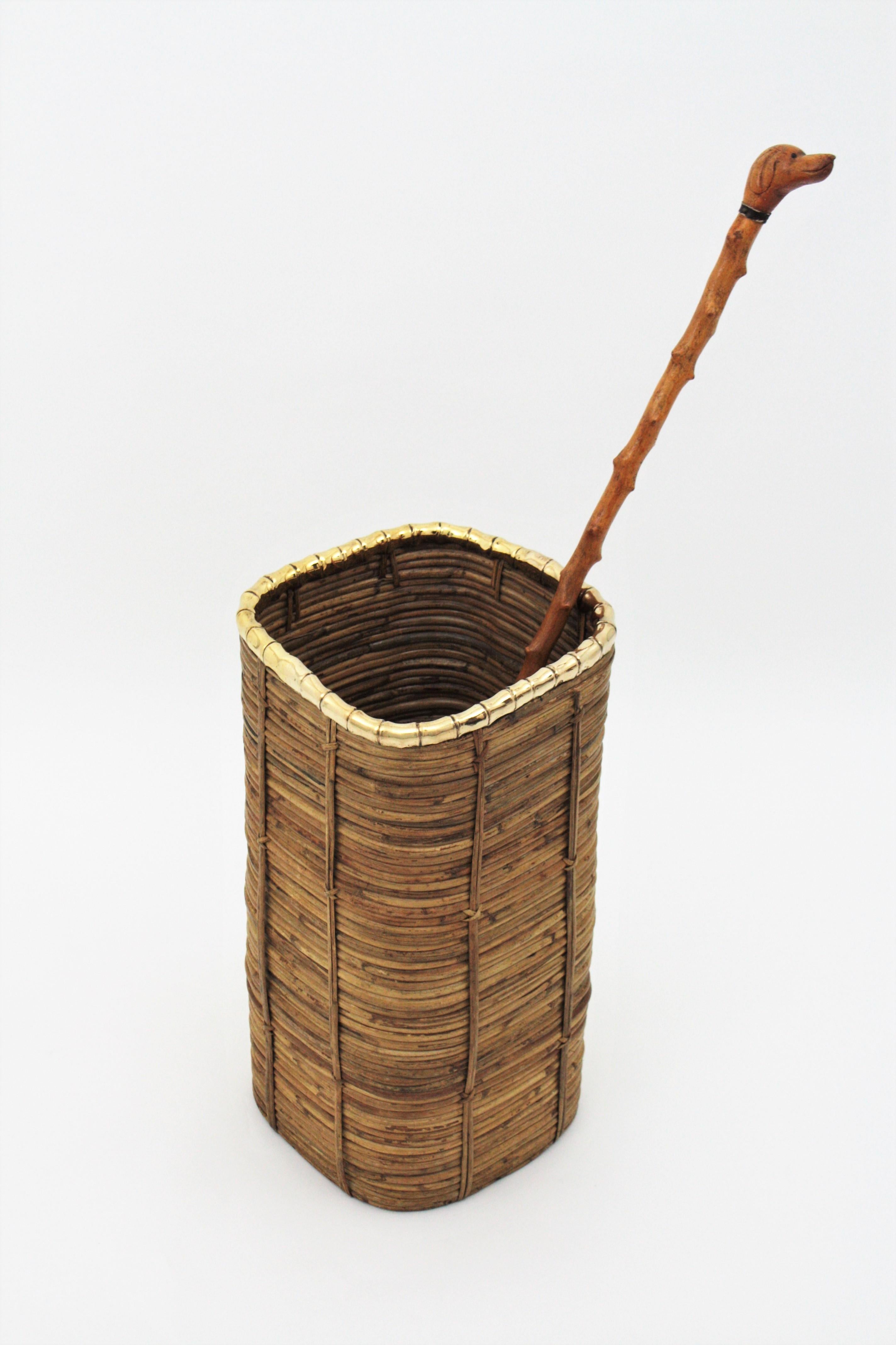 Italian Rattan and Bamboo Umbrella Stand with Faux Bamboo Brass Rim, Italy, 1970s