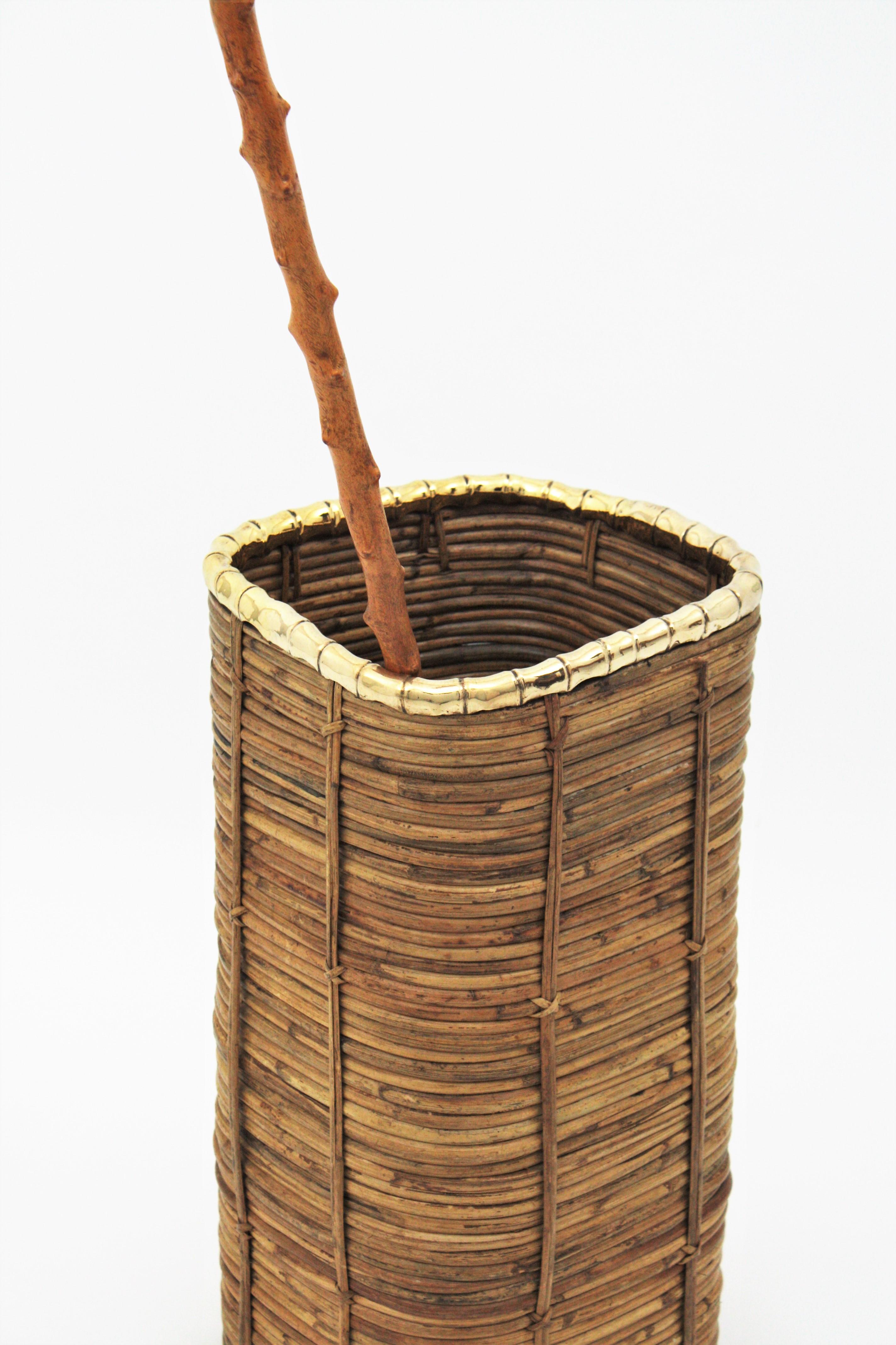 20th Century Rattan and Bamboo Umbrella Stand with Faux Bamboo Brass Rim, Italy, 1970s