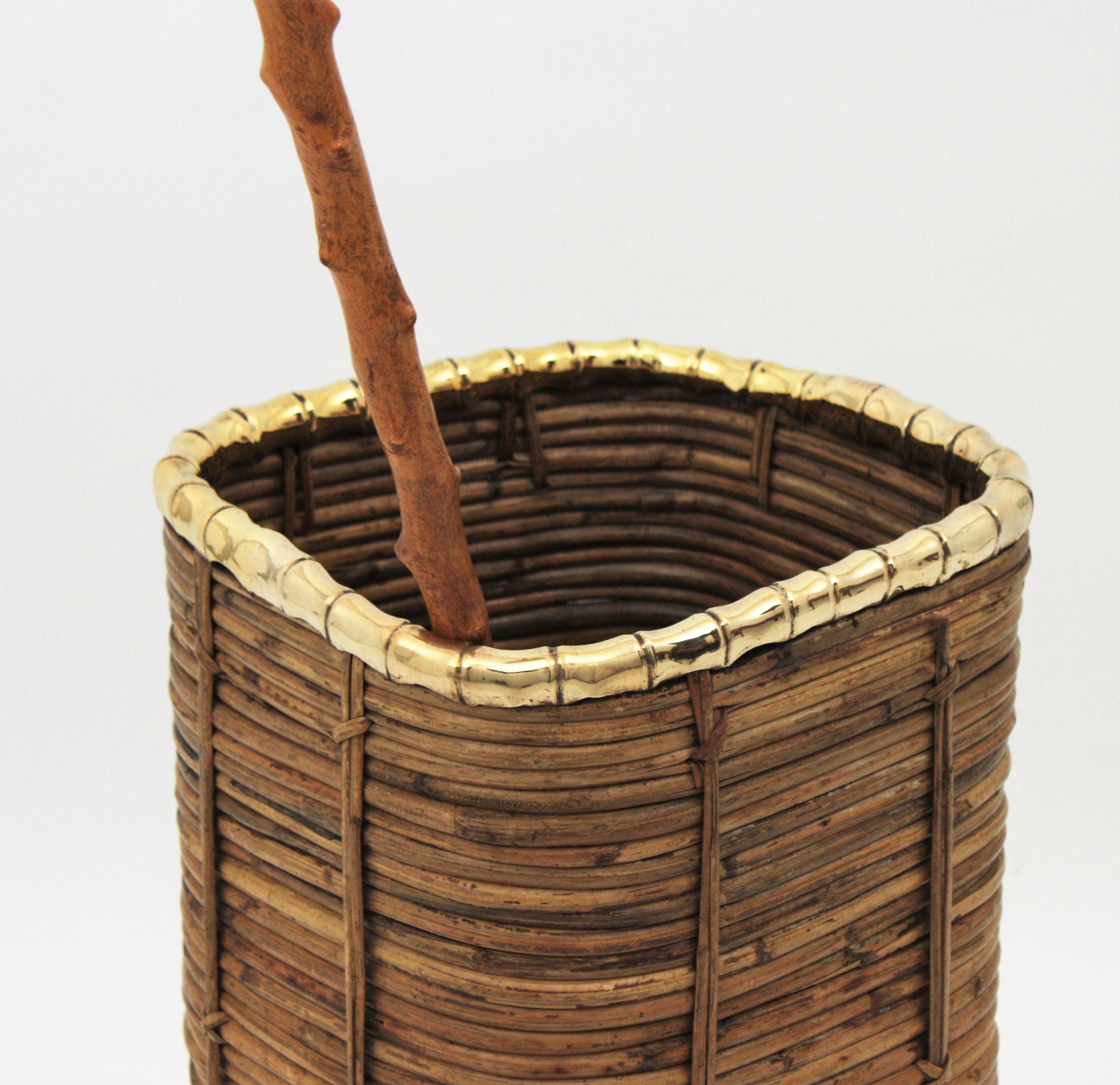 Rattan and Bamboo Umbrella Stand with Faux Bamboo Brass Rim, Italy, 1970s 1