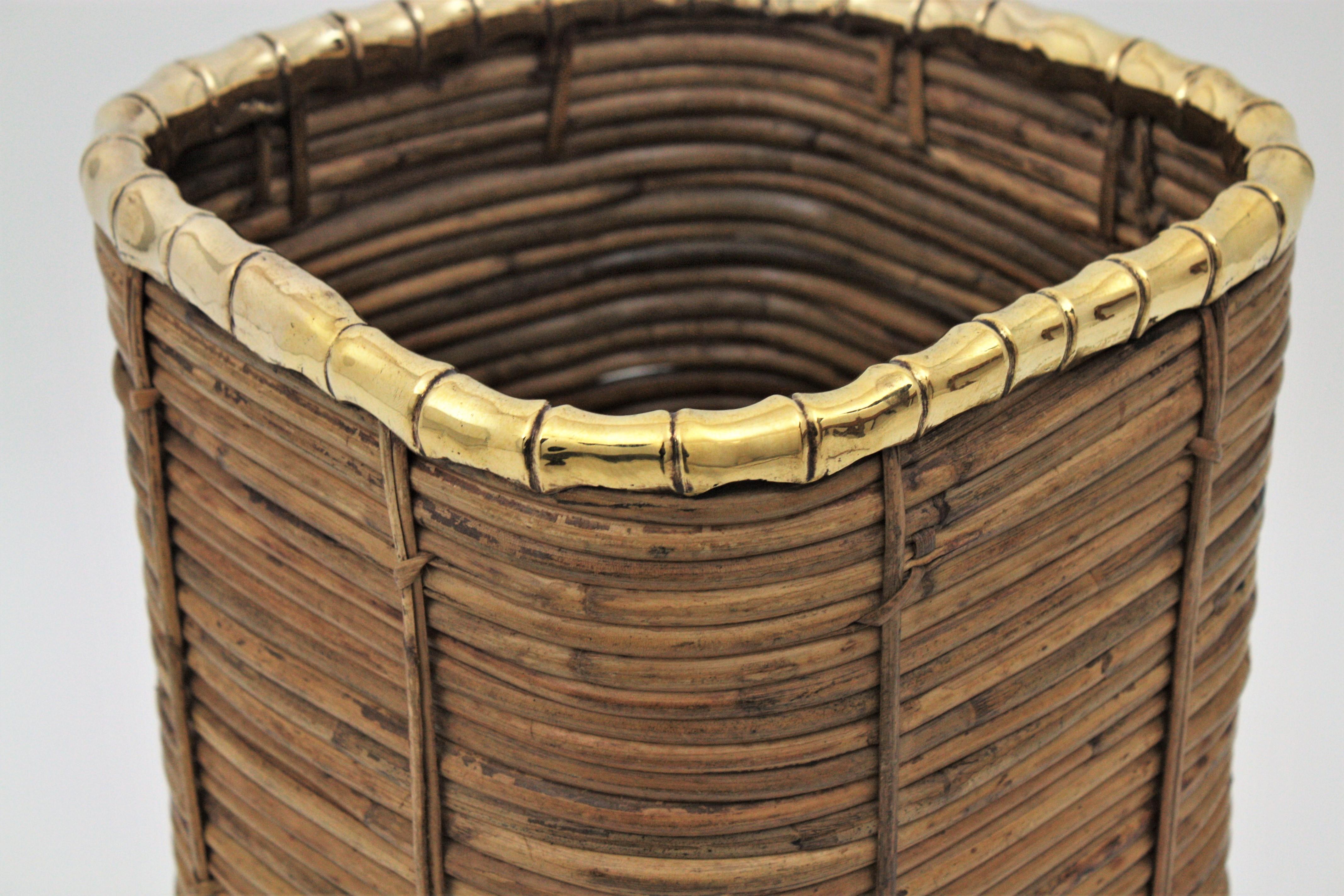 Rattan and Bamboo Umbrella Stand with Faux Bamboo Brass Rim, Italy, 1970s 2