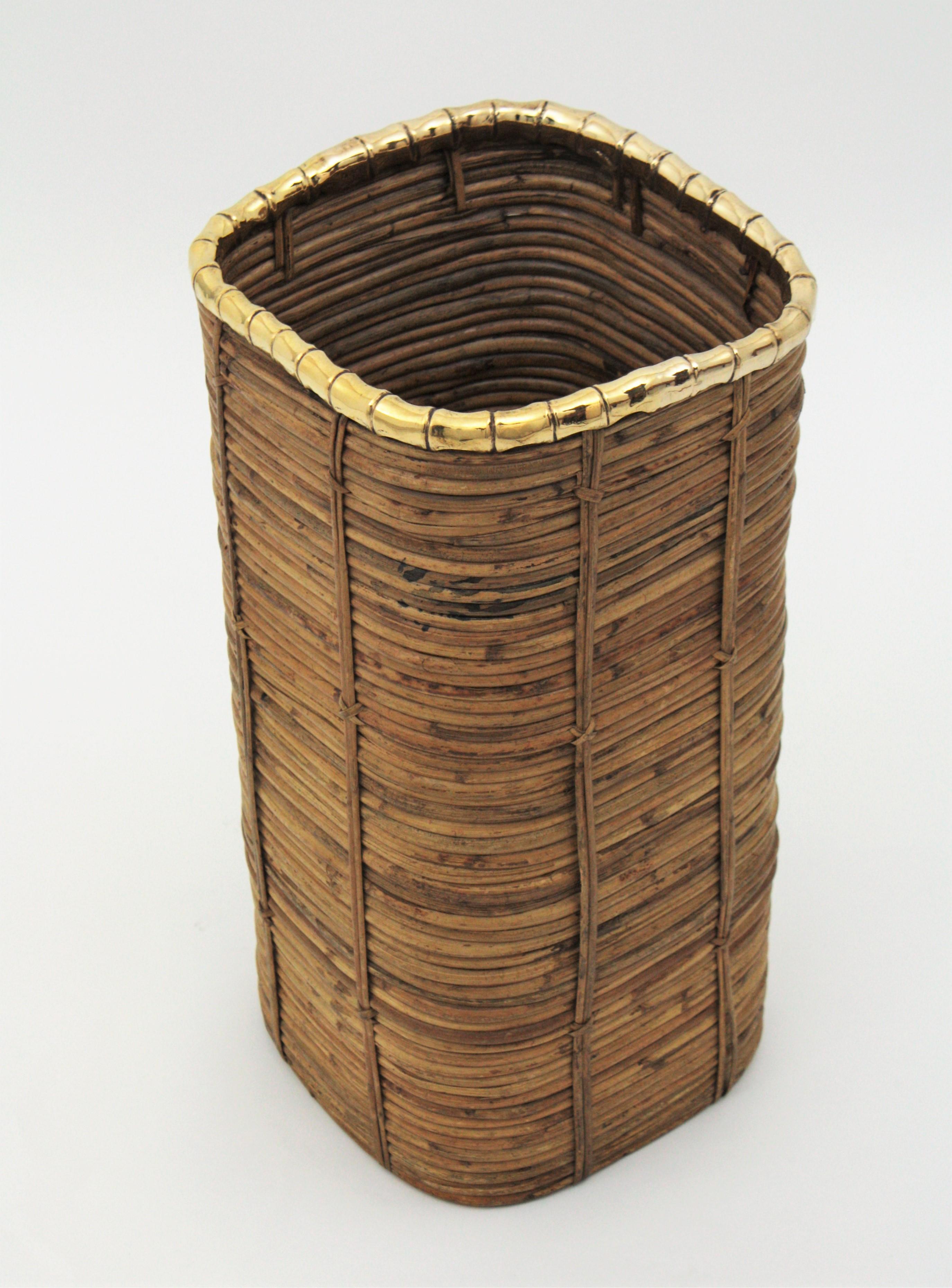 Rattan and Bamboo Umbrella Stand with Faux Bamboo Brass Rim, Italy, 1970s 3