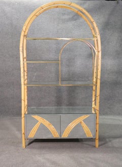 Mid Century Modern Rattan Brass Glass and MIrrored Etagere Display Shelf