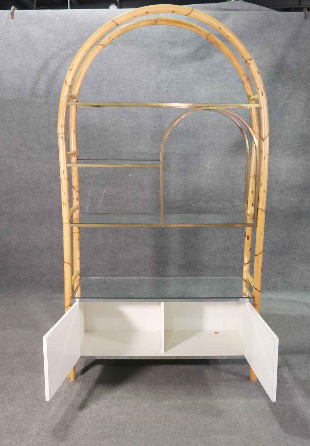 Mid-Century Modern Mid Century Modern Rattan Brass Glass and MIrrored Etagere Display Shelf For Sale