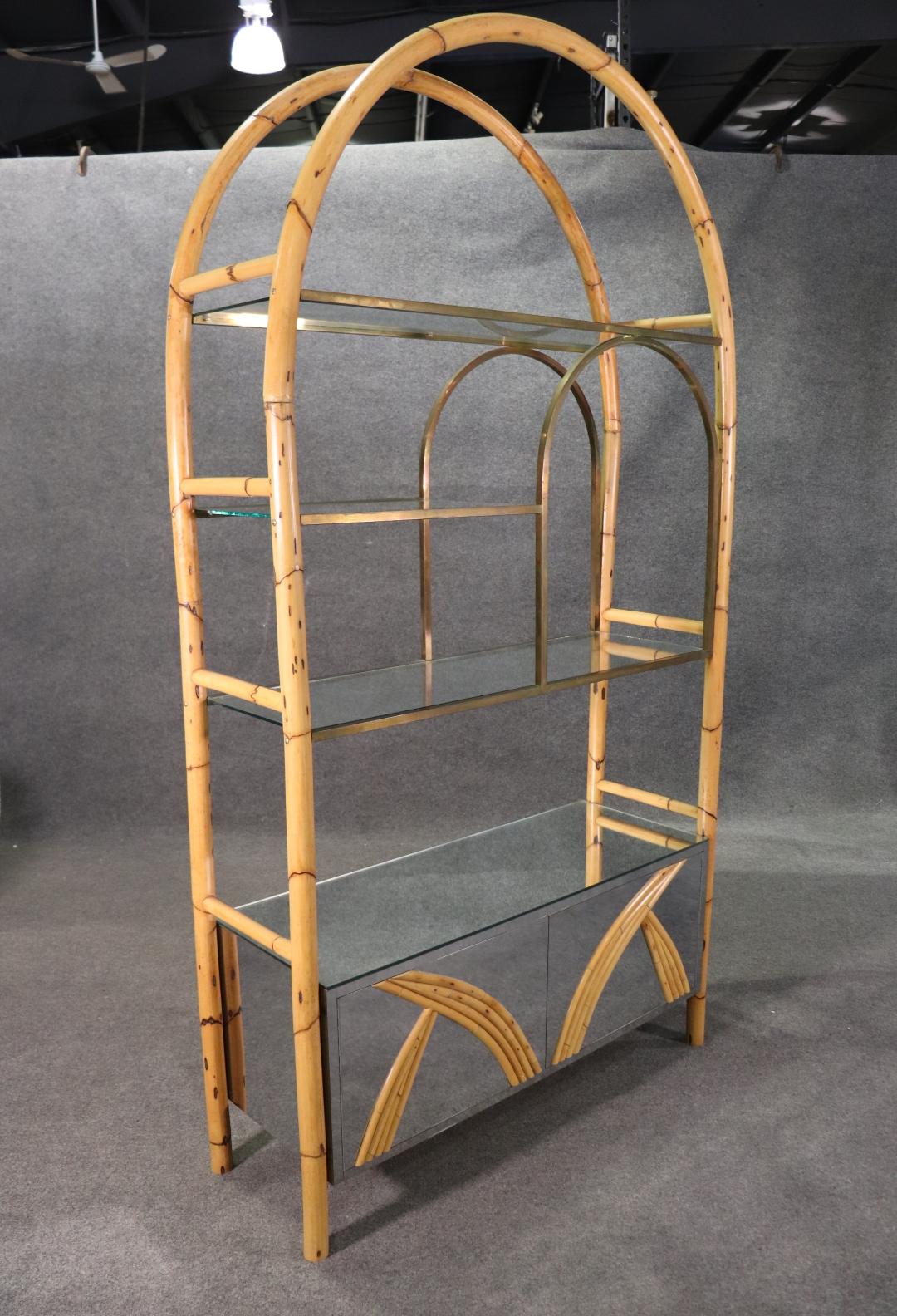 Unknown Mid Century Modern Rattan Brass Glass and MIrrored Etagere Display Shelf For Sale