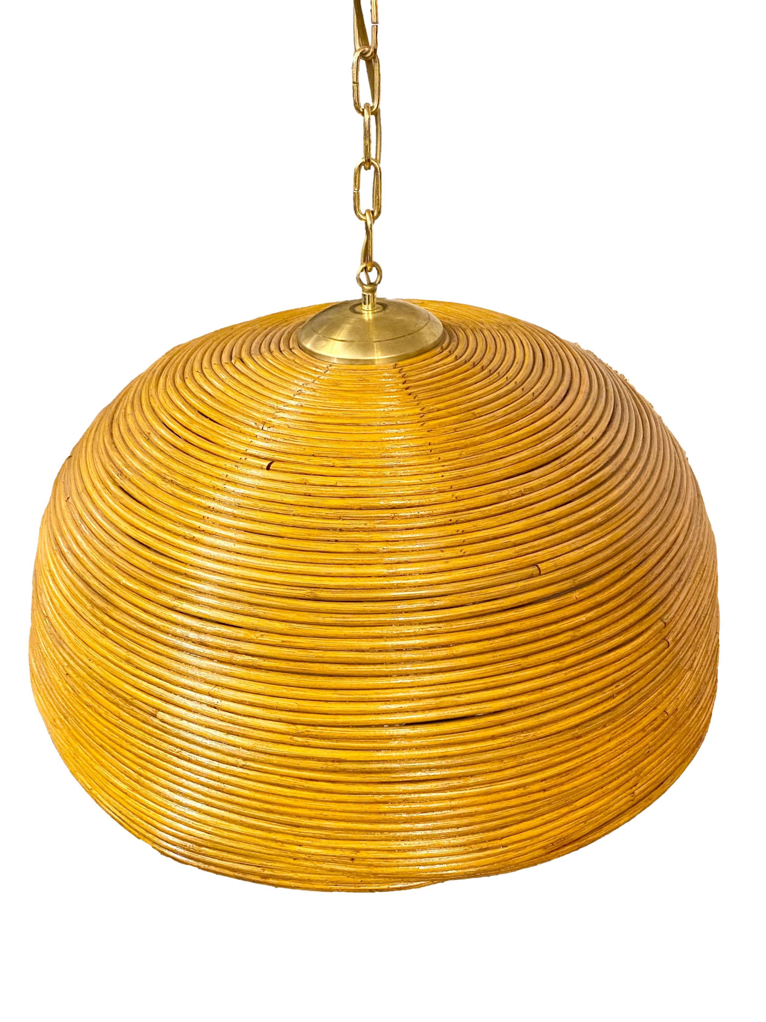 Mid-Century Modern Gabriella Crespi Style Rattan Dome Shaped Pendant Hanging Light, Italy, 1960s 