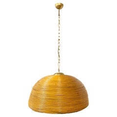Gabriella Crespi Style Rattan Dome Shaped Pendant Hanging Light, Italy, 1960s 