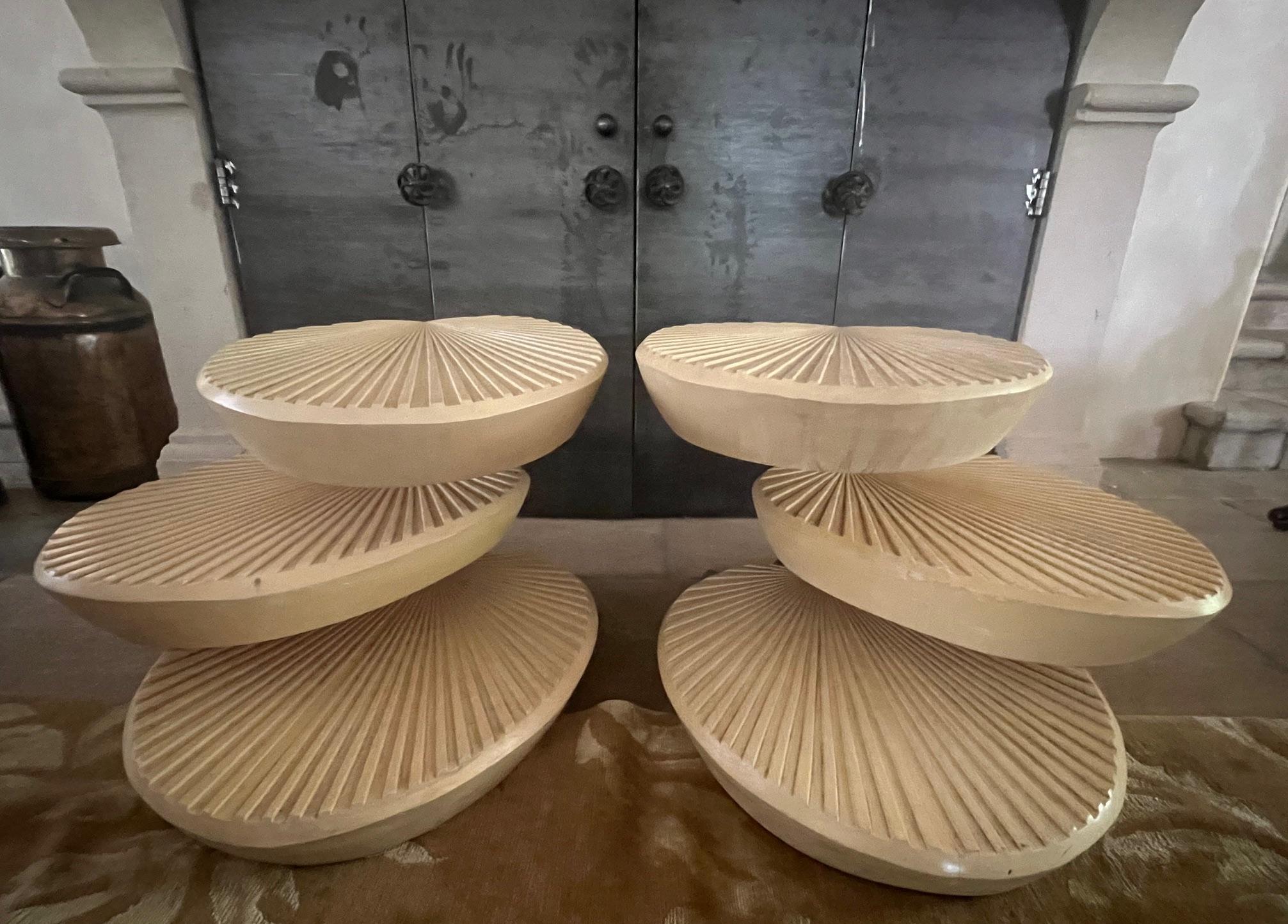 Light wood lacquered, rotating, and tiered occasional or side tables, set of 2. The tiers are in the shape of leaves, the top two rotate, each has a stainless steel support. There are no identifying marks.

All furniture can be picked up for free in