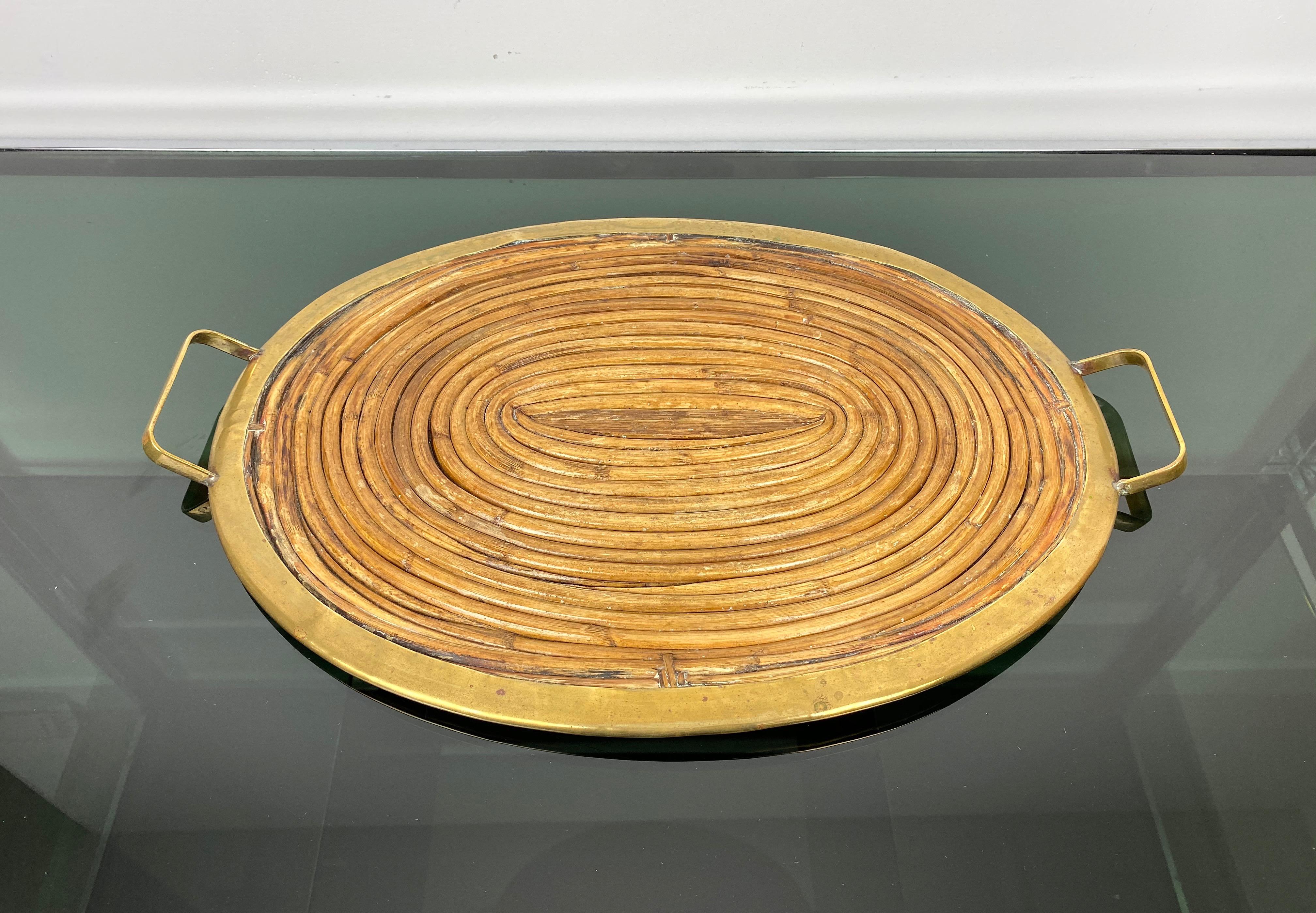 Serving tray in bamboo and brass details, Italy, circa 1970.