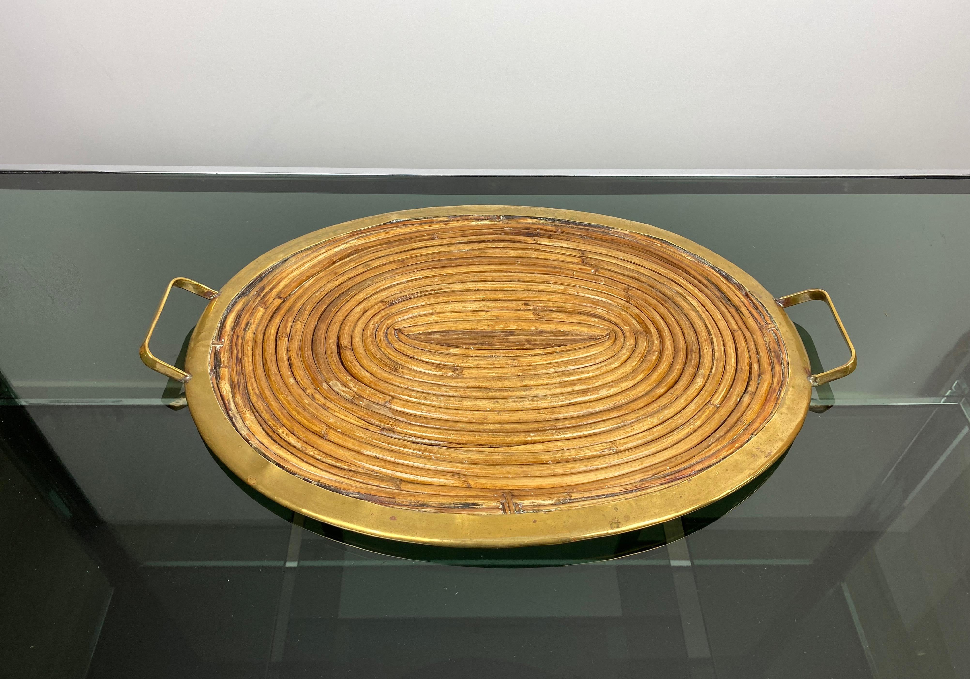 Late 20th Century Serving Tray in Bamboo and Brass, Italy, 1970s