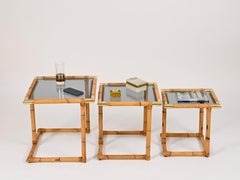 Gabriella Crespi Style Set of 3 Nesting Tables in Bamboo and Brass, Italy, 1970s