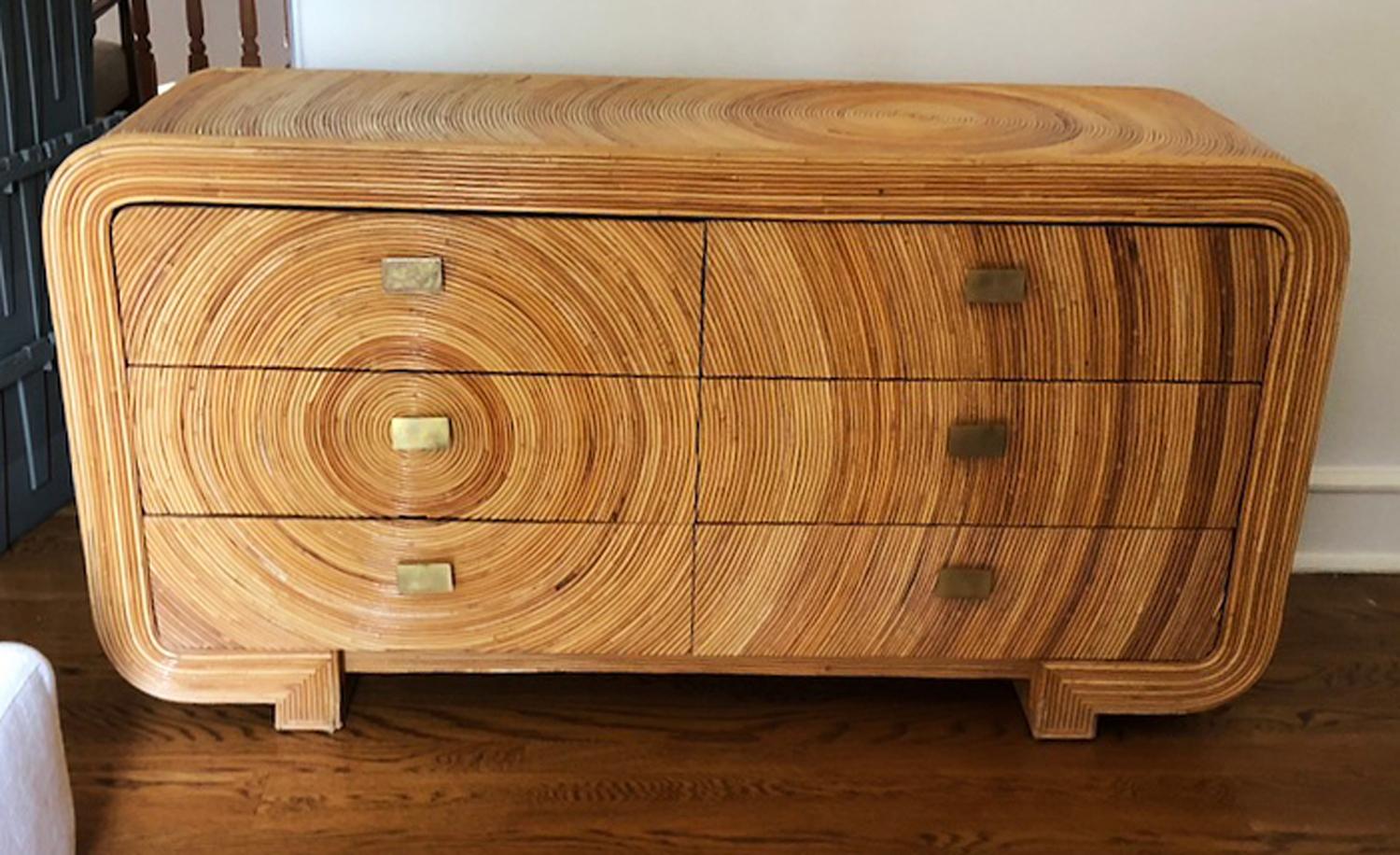 Gabriella Crespi Style Split Reed Rattan Six Drawer Dresser In Excellent Condition In Culver City, CA