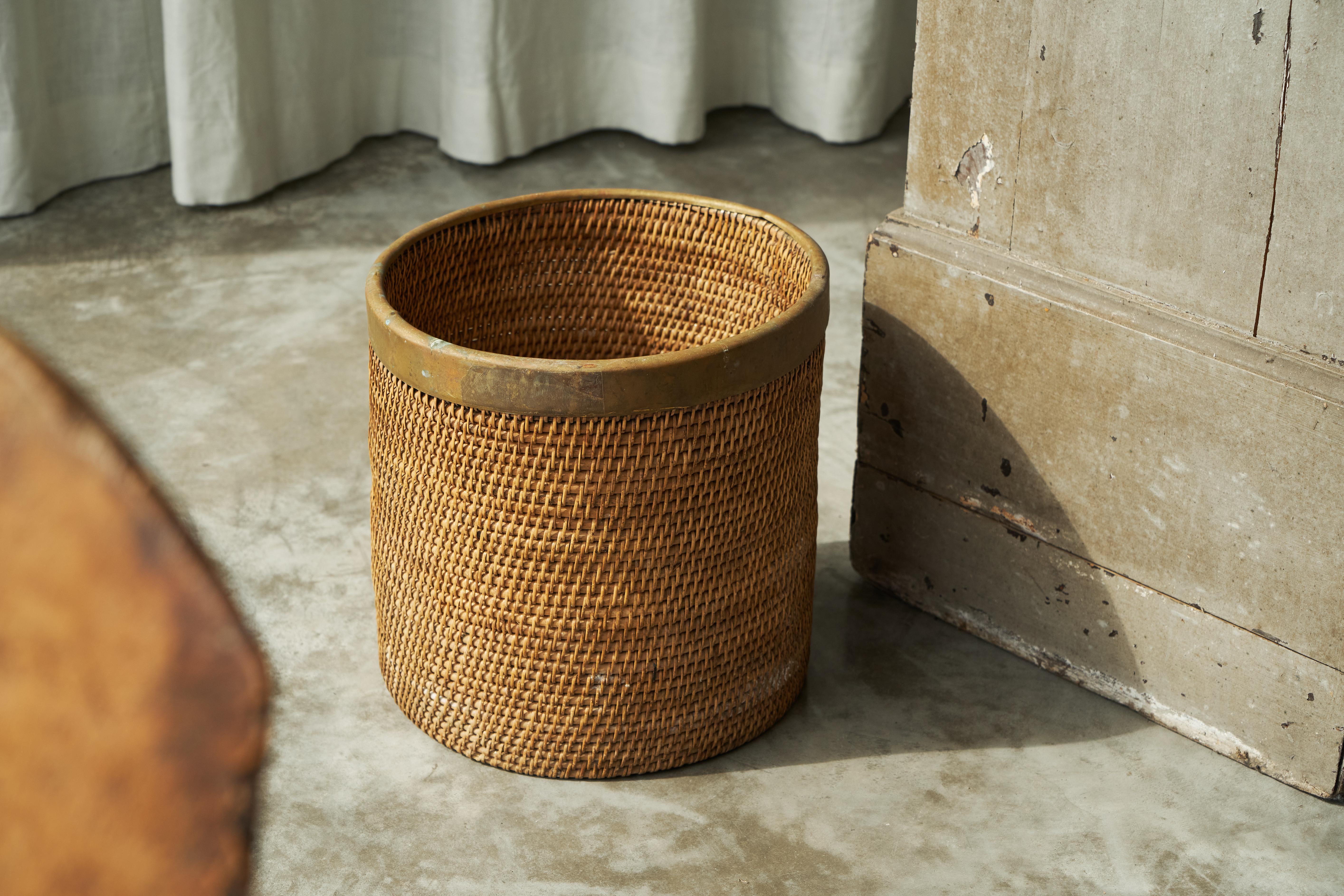 Mid-Century Modern Gabriella Crespi Style Waste Paper Basket in Rattan and Patinated Brass 1960s