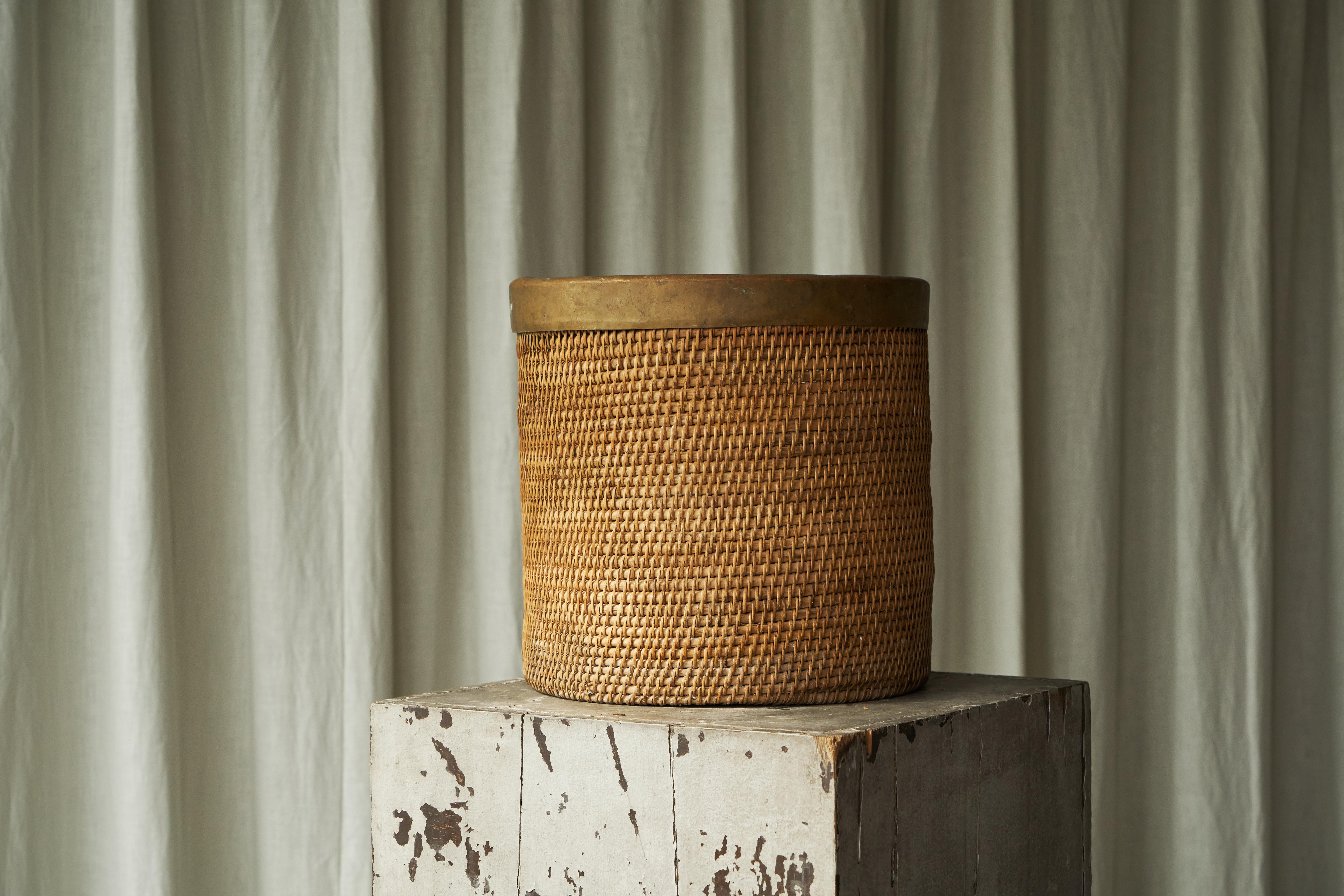 European Gabriella Crespi Style Waste Paper Basket in Rattan and Patinated Brass 1960s