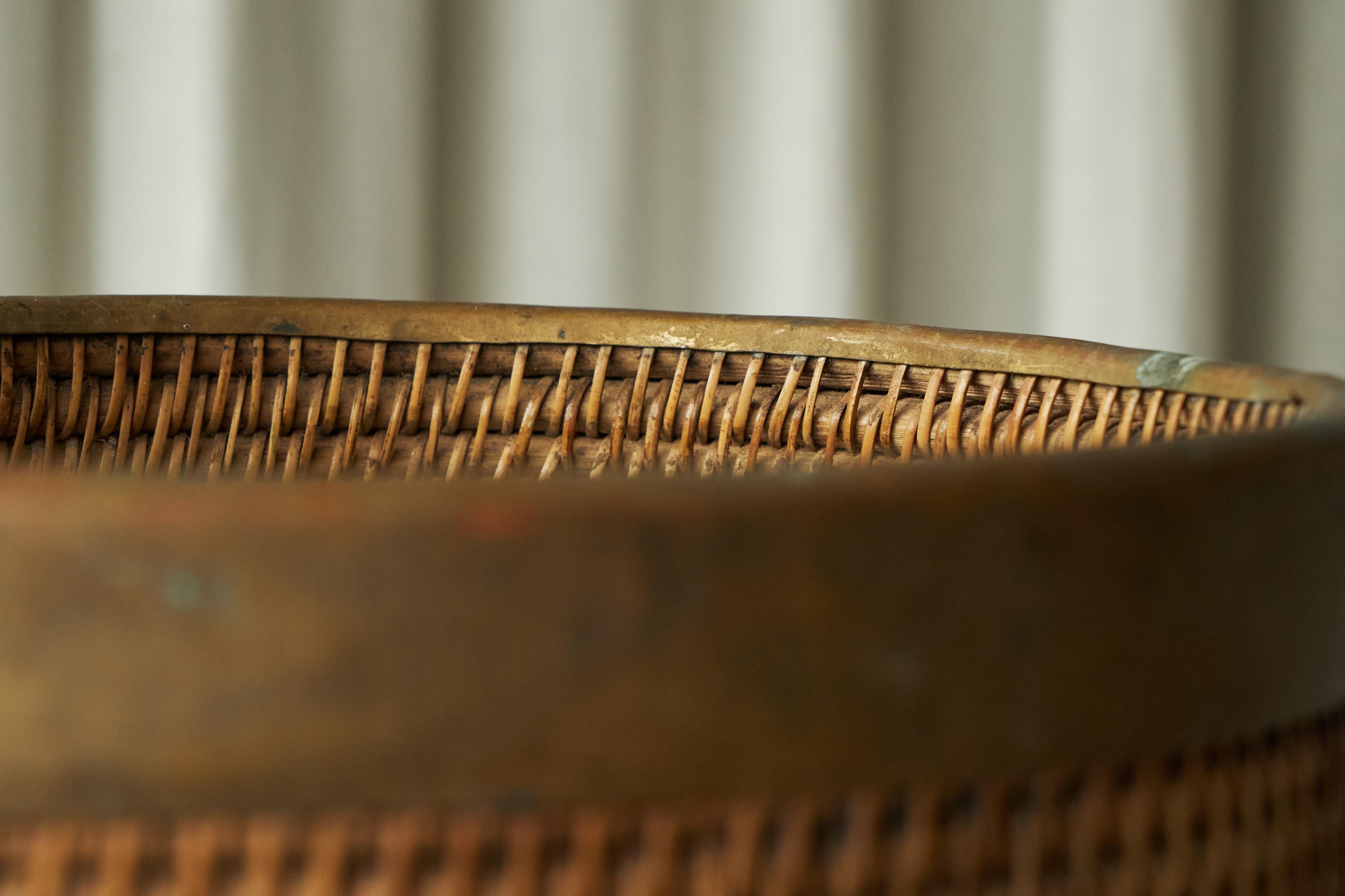 Hand-Crafted Gabriella Crespi Style Waste Paper Basket in Rattan and Patinated Brass 1960s