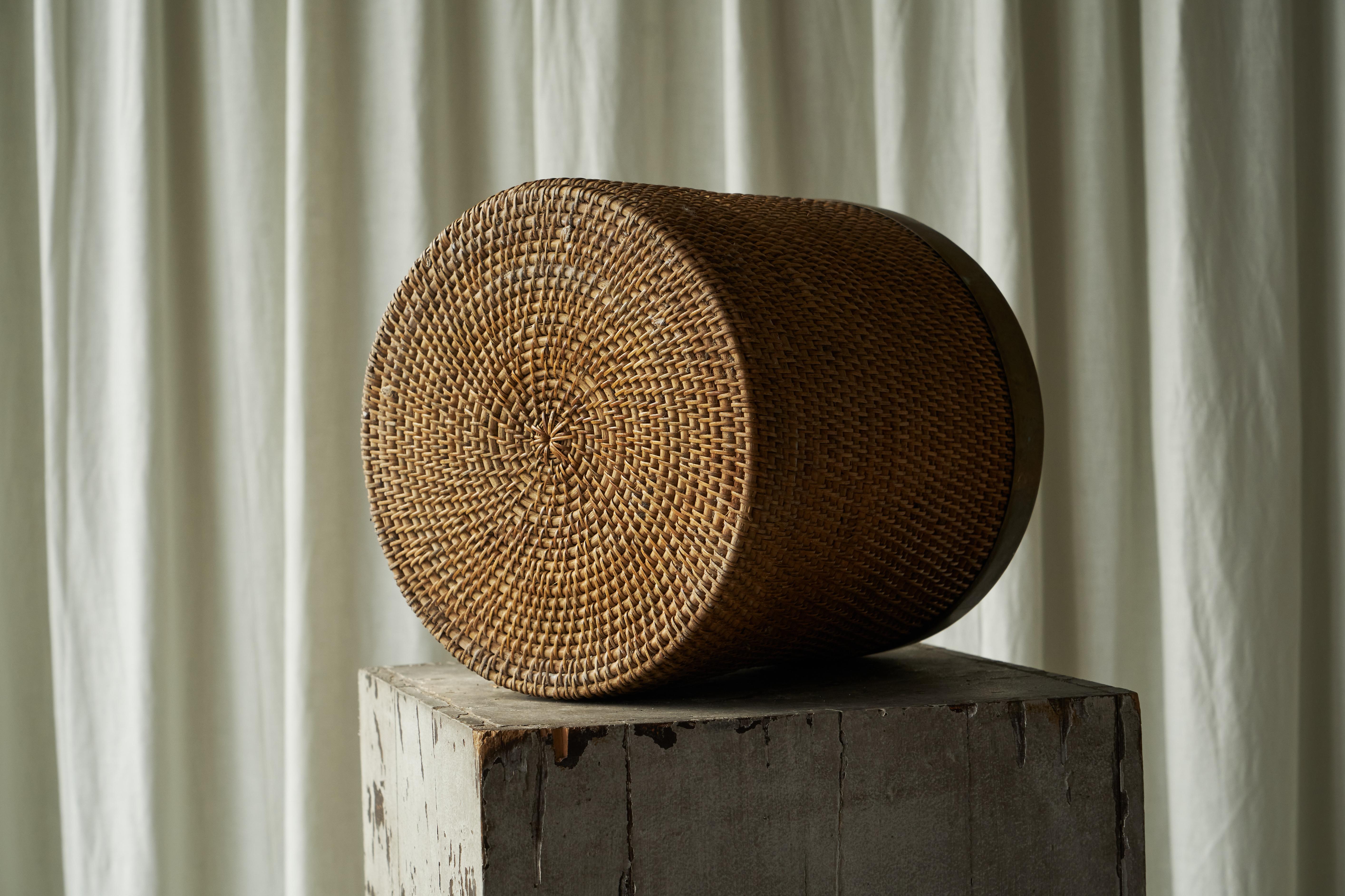 Gabriella Crespi Style Waste Paper Basket in Rattan and Patinated Brass 1960s 2