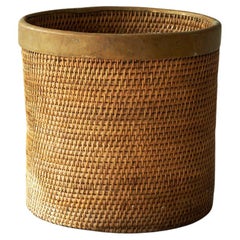 Gabriella Crespi Style Waste Paper Basket in Rattan and Patinated Brass 1960s