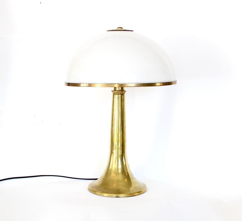 Gabriella Crespi vintage brass with white plexiglass shade table lamp Fungo, 1970, Italy. 
Gabriella Crespi (17.2.1922-14.2 2017) was a famed female Italian artist and designer, whose work spanned from furniture design, jewelry and sculpture. This