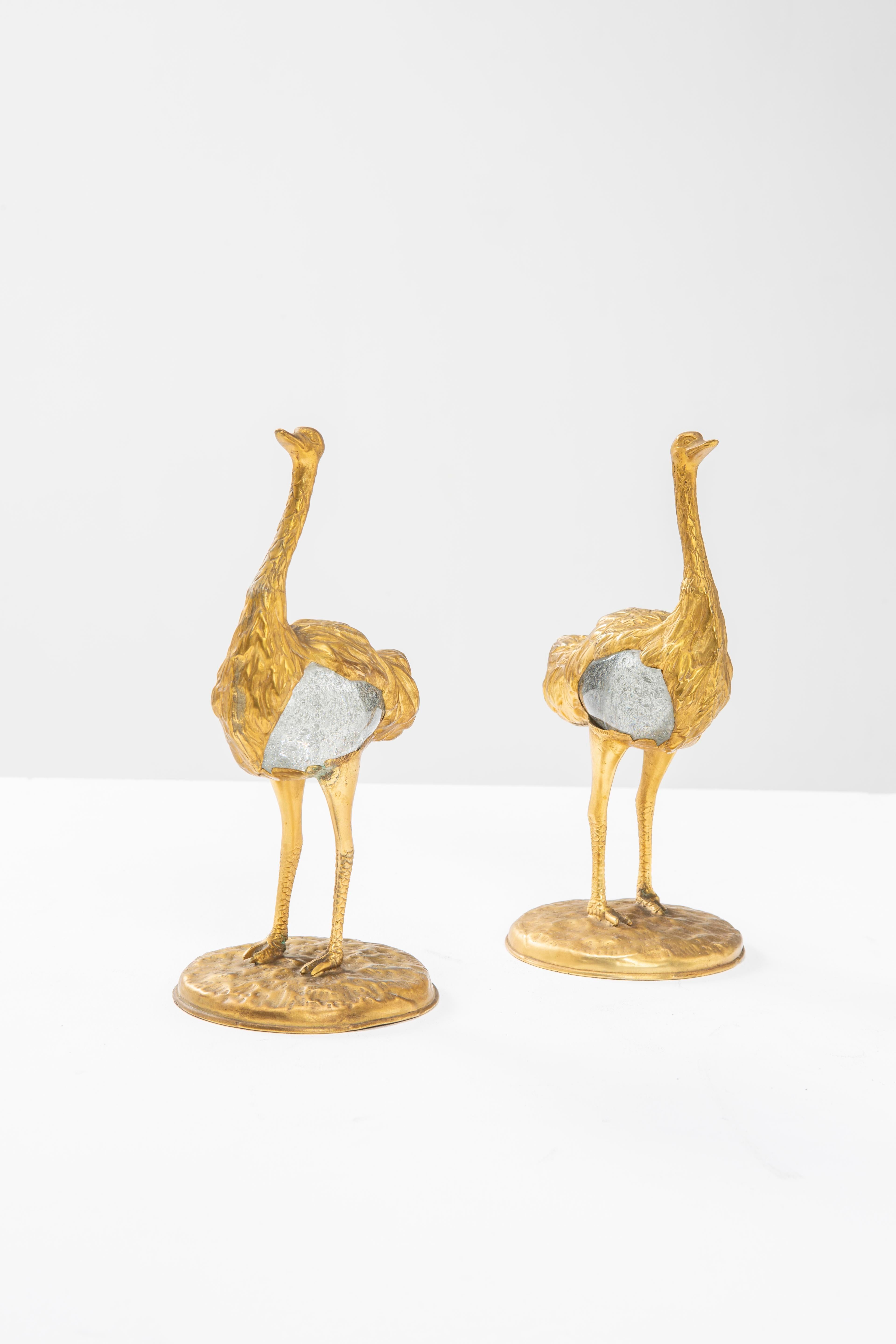 Italian Gabriella Crespi Two lost-wax bronze ostriches with Murano glass body - 1970s For Sale