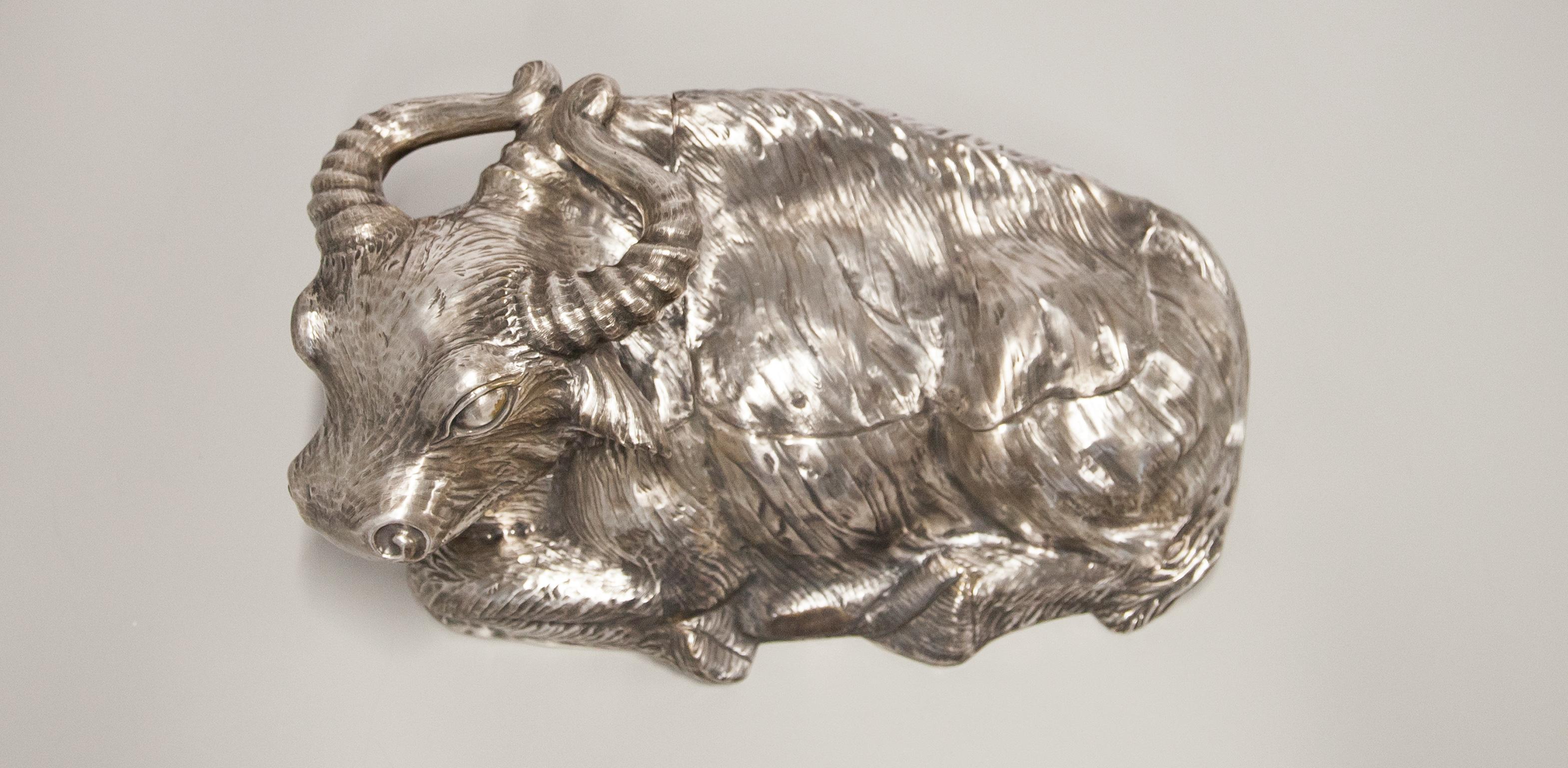 Unique outstanding Tibetan bull designed by Gabriella Crespi in brushed metal in the 1970s. A wonderful single piece and signed on the bottom. Maybe it was a prototype.