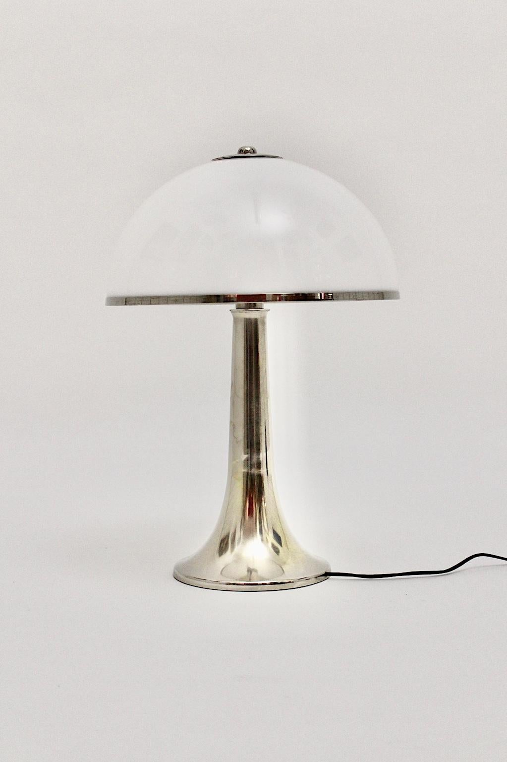  Gabriella Crespi vintage brass nickel-plated white plexiglass table lamp Fungo,  1970, Italy.
Gabriella Crespi (17.2.1922-14.2 2017) was a famed female Italian artist and designer, whose work spanned from furniture design, jewelry and